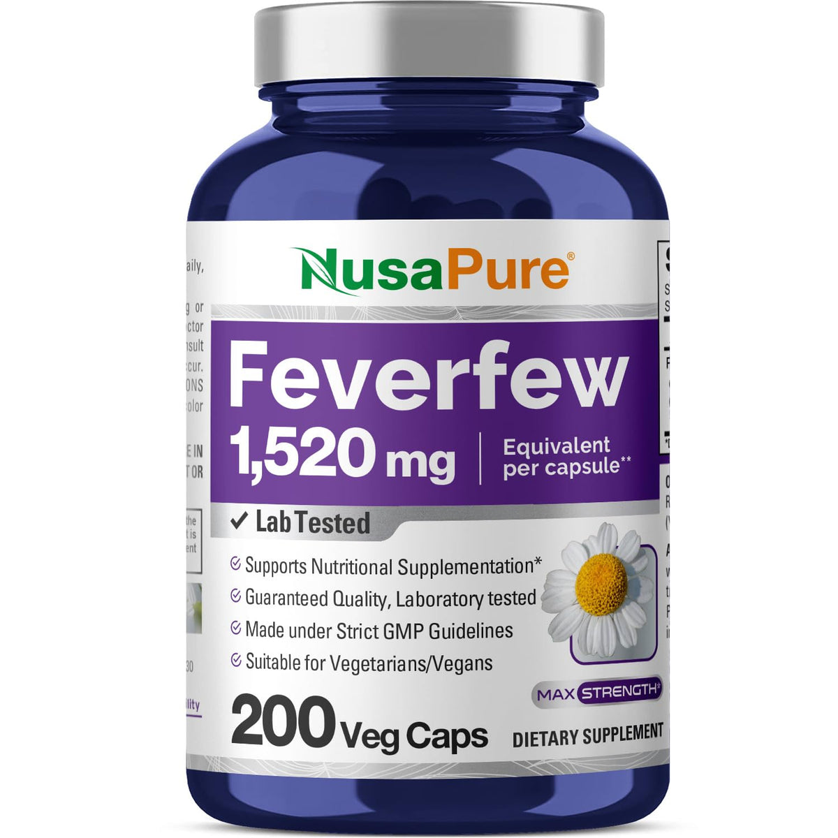 NusaPure Feverfew Extrait, bouteille et capsules végétales faciles à prendre.