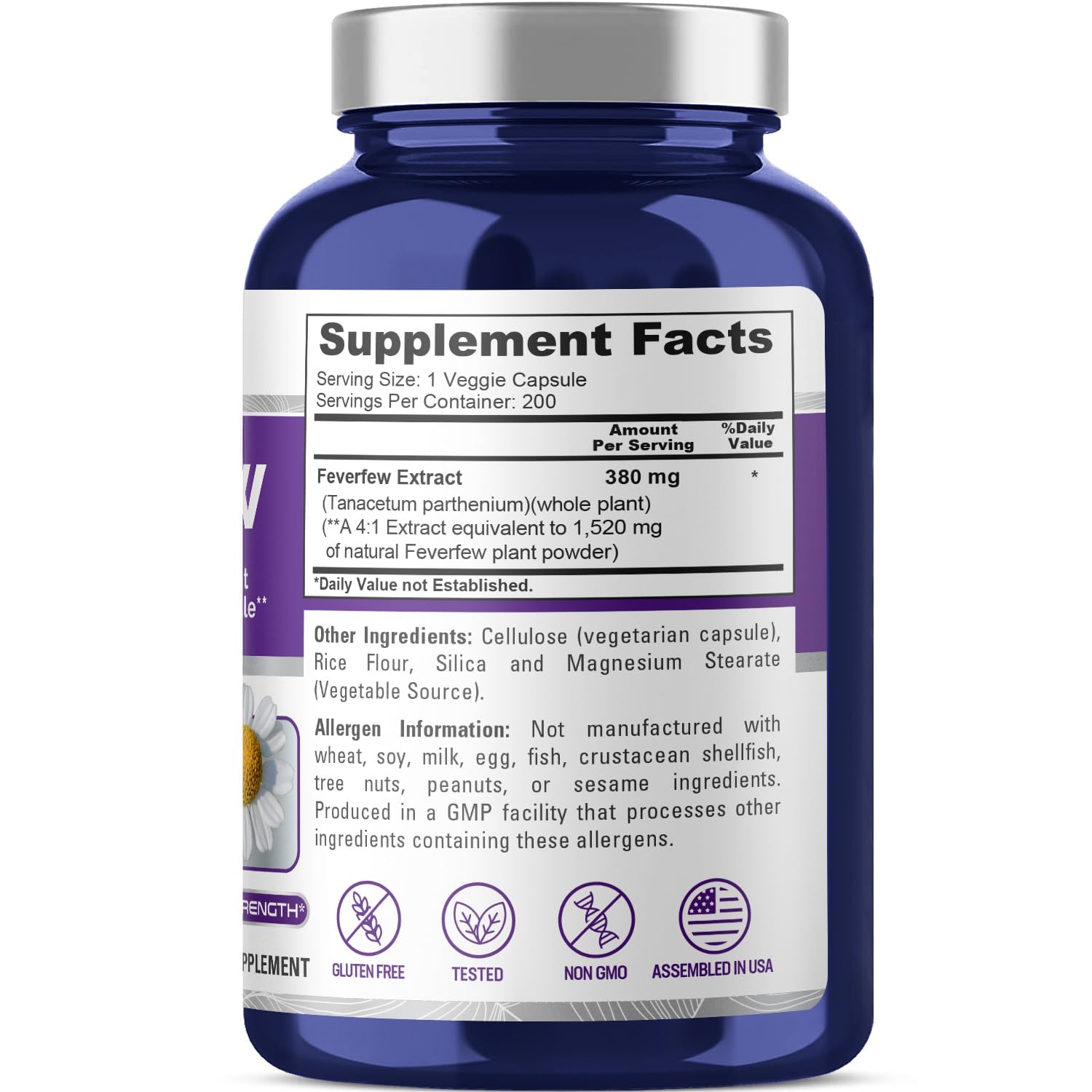 Capsules véganes Feverfew NusaPure pour une utilisation quotidienne pratique.