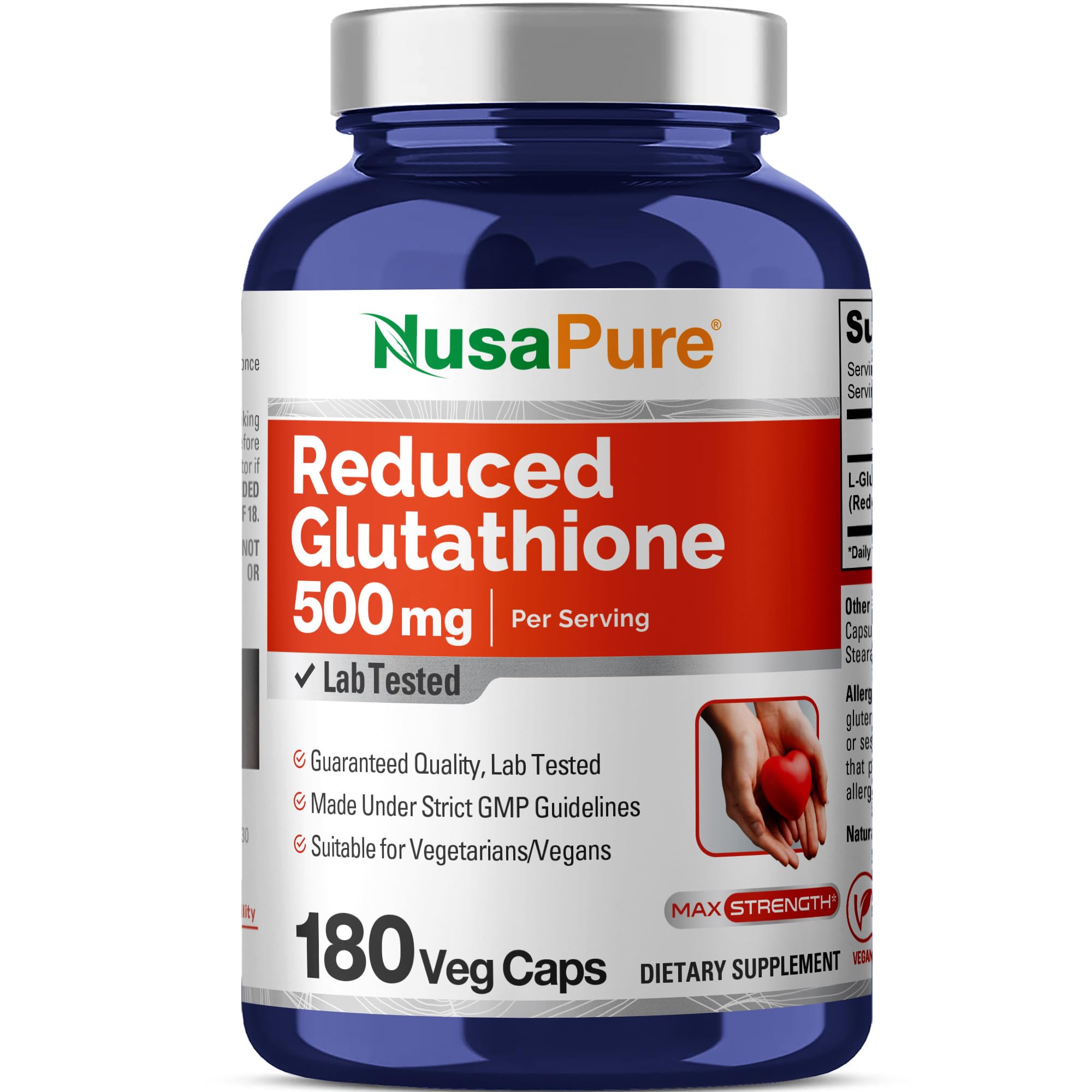 NusaPure Glutathion Réduit 500 mg en bouteille avec gélules véganes pour usage quotidien