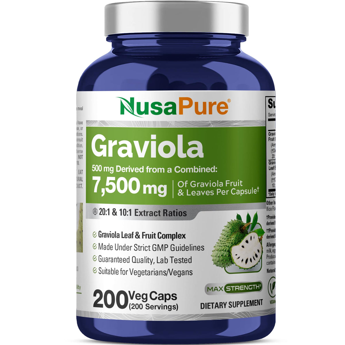 NusaPure Graviola, bouteille avec extrait 20:1 et 10:1, usage quotidien potentiel.