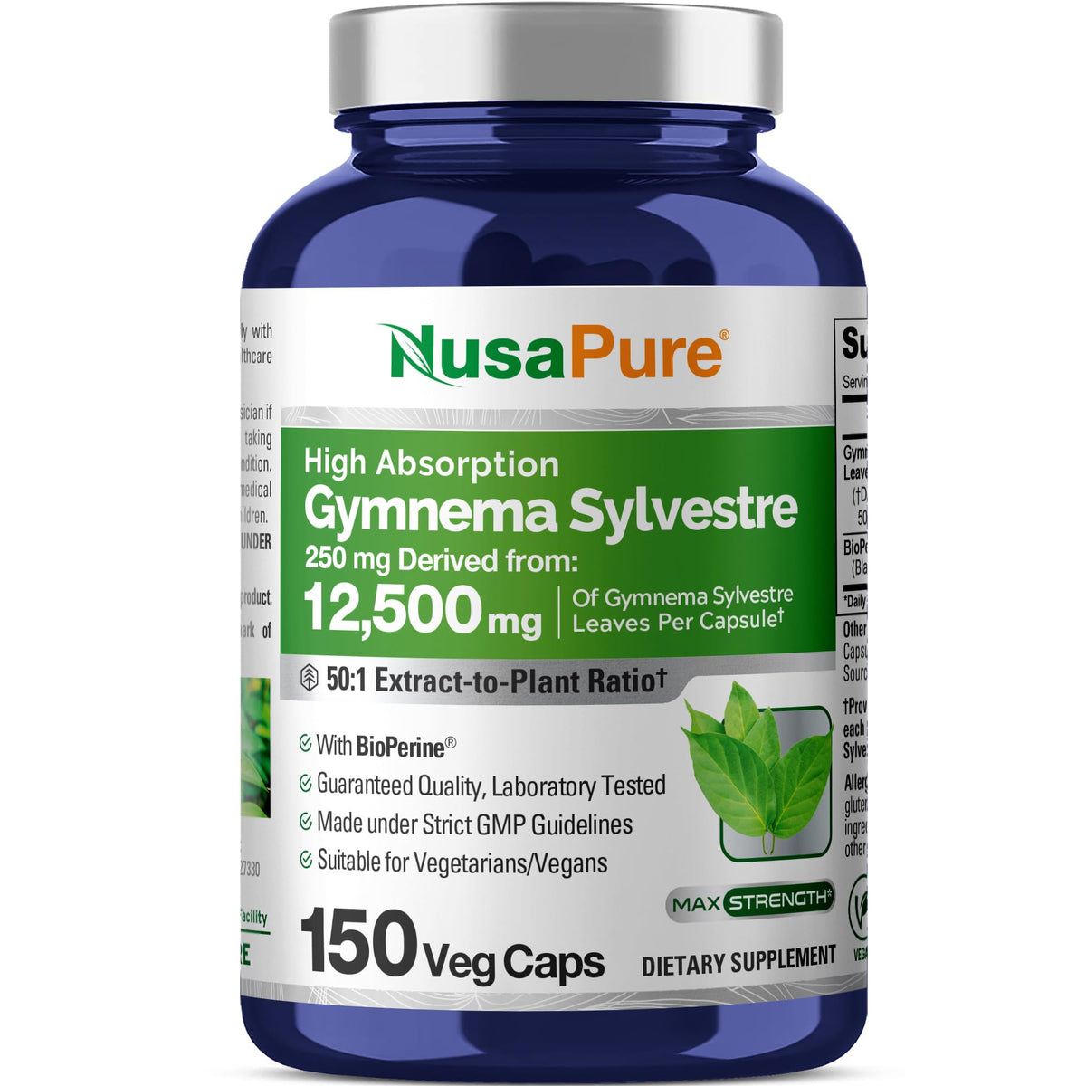 NusaPure Gymnema Sylvestre - bouteille montrant l'extrait 50:1 pour absorption élevée.