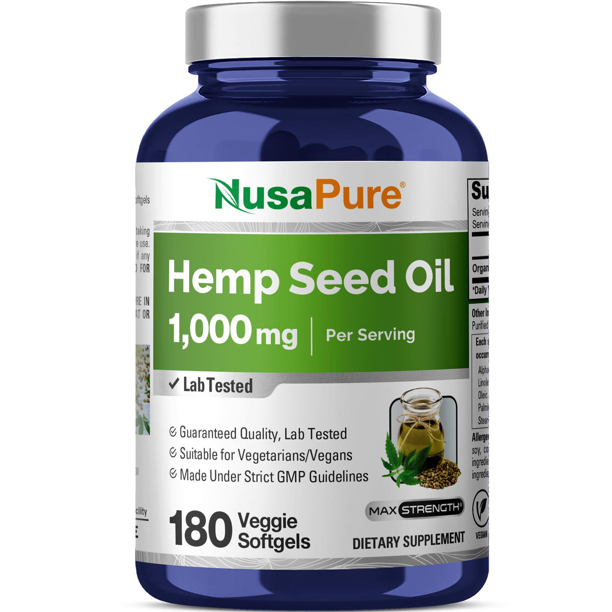 NusaPure huile de chanvre 1000 mg par portion, riche en oméga et nutriments.