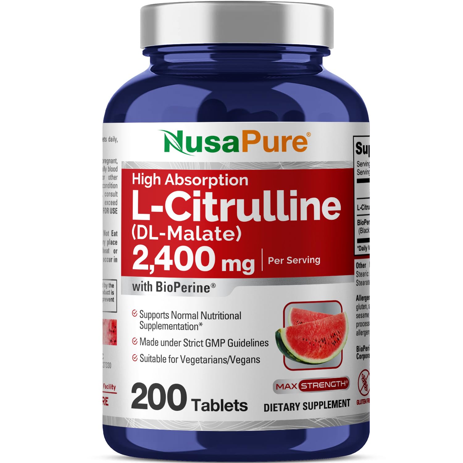 NusaPure L-Citrulline 2400mg, bouteille de comprimés végétariens, idéal pour les séances d'entraînement