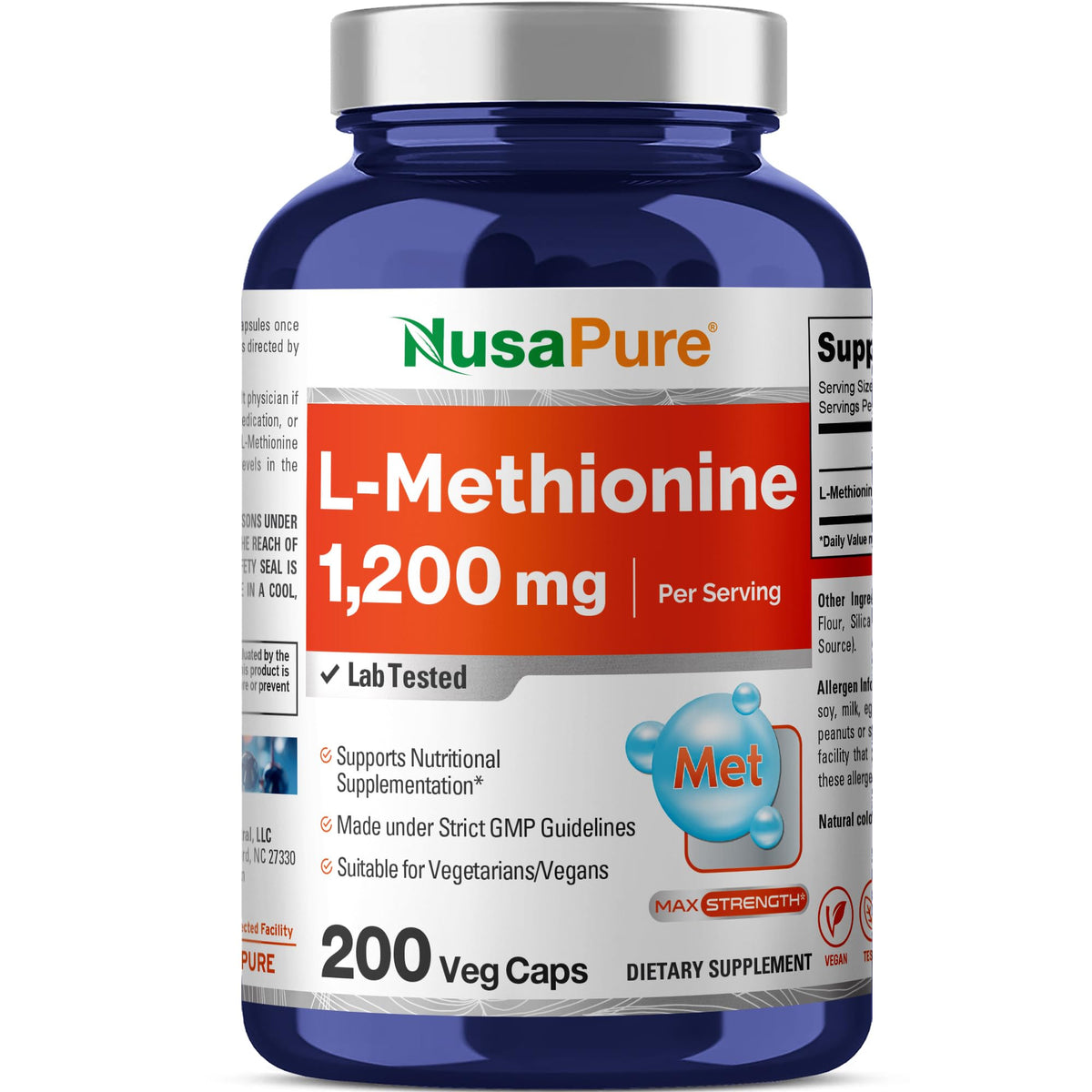NusaPure L Méthionine 1200 mg – bouteille pratique pour un apport quotidien vegan.