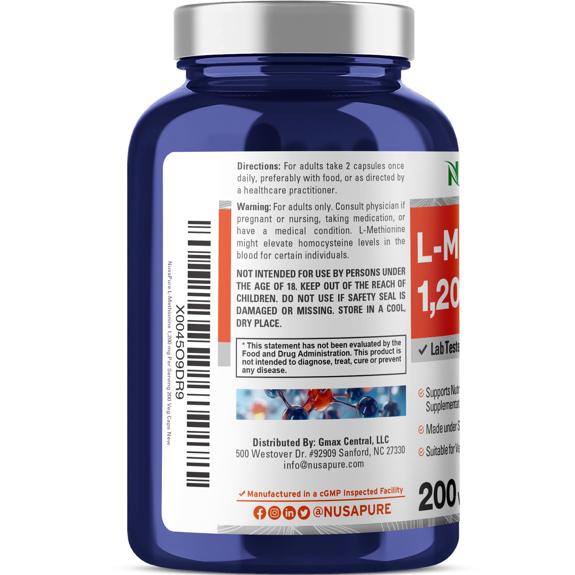 Étiquette claire NusaPure L Méthionine 1200 mg, qualité et transparence.