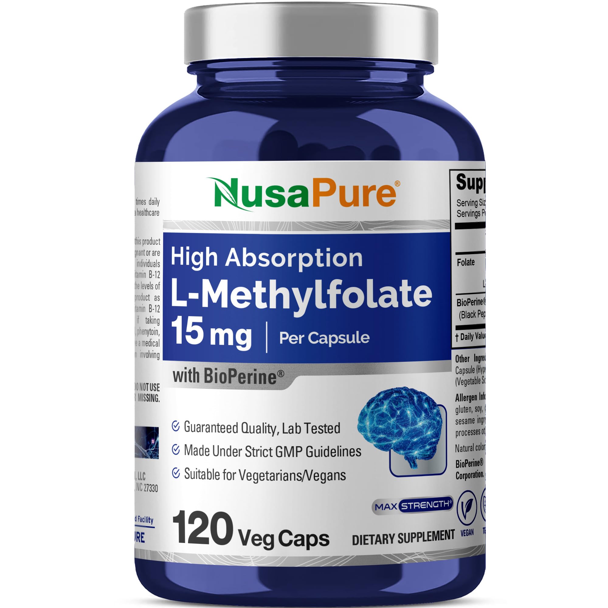 NusaPure L Methylfolate 15mg, bouteille de capsules végétales, support quotidien pratique.