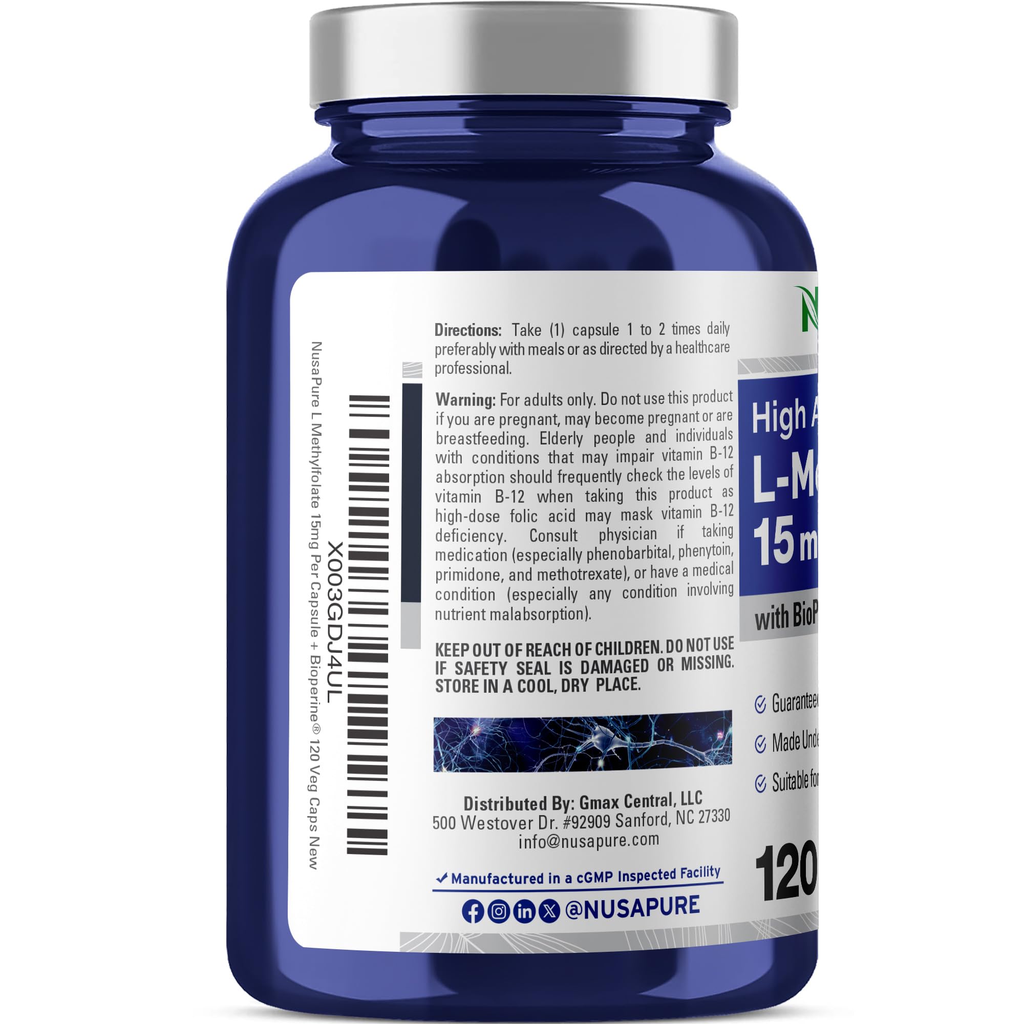 NusaPure L Methylfolate 15mg, emballage-carton visible, présentation professionnelle.