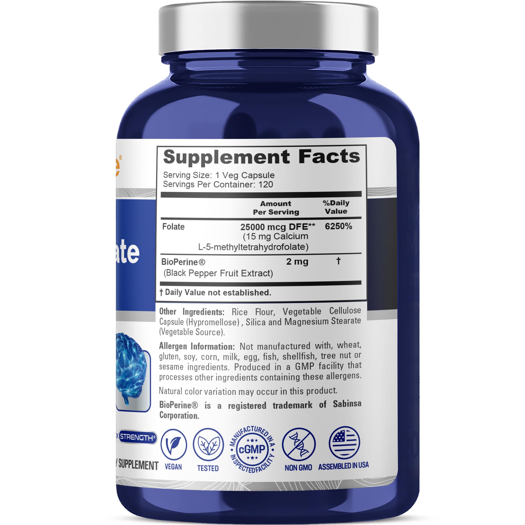 NusaPure L Methylfolate 15mg, étiquette lisible sur le flacon, information claire et rapide.