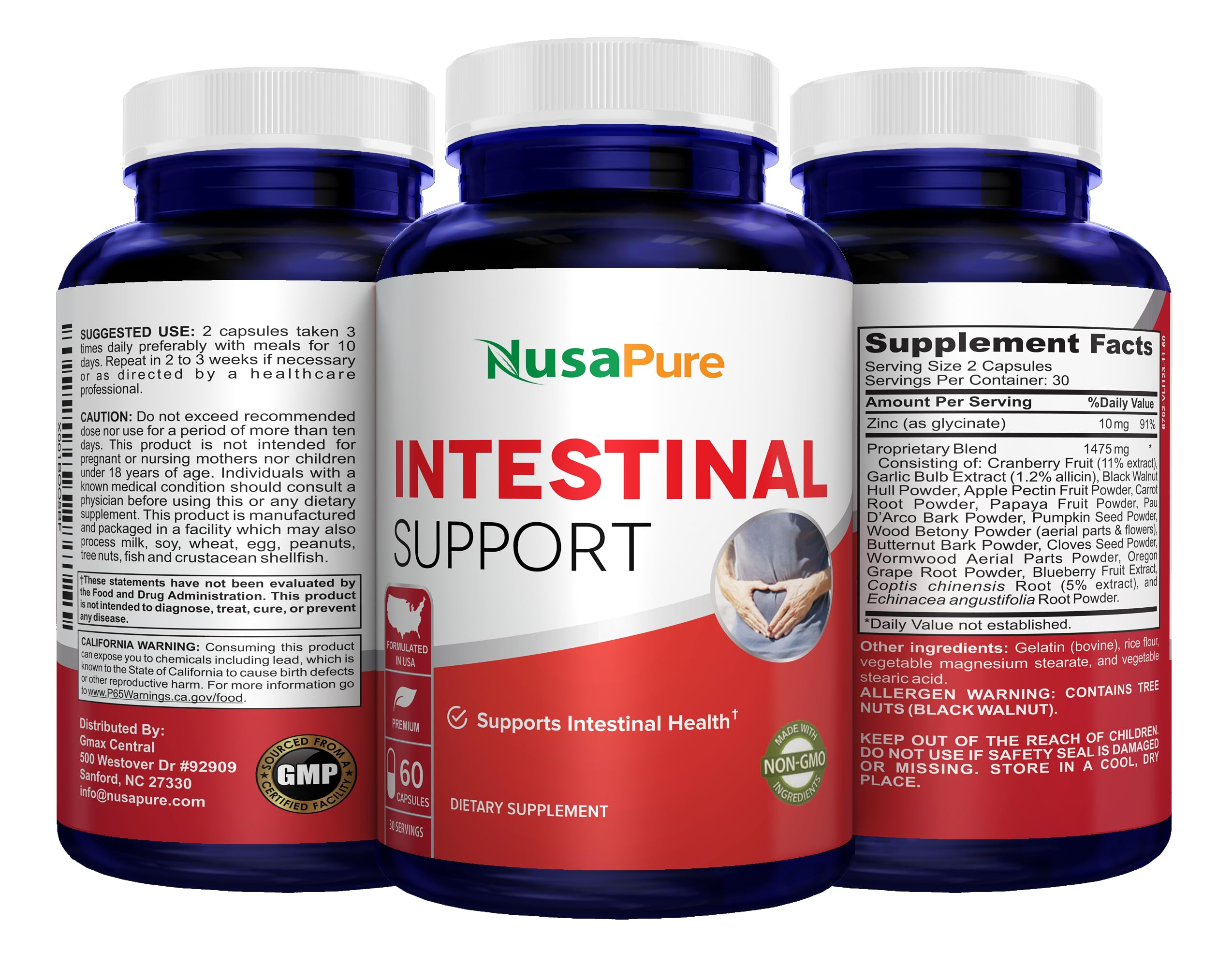 Étiquette NusaPure indiquant zinc 10 mg et bienfaits potentiels.