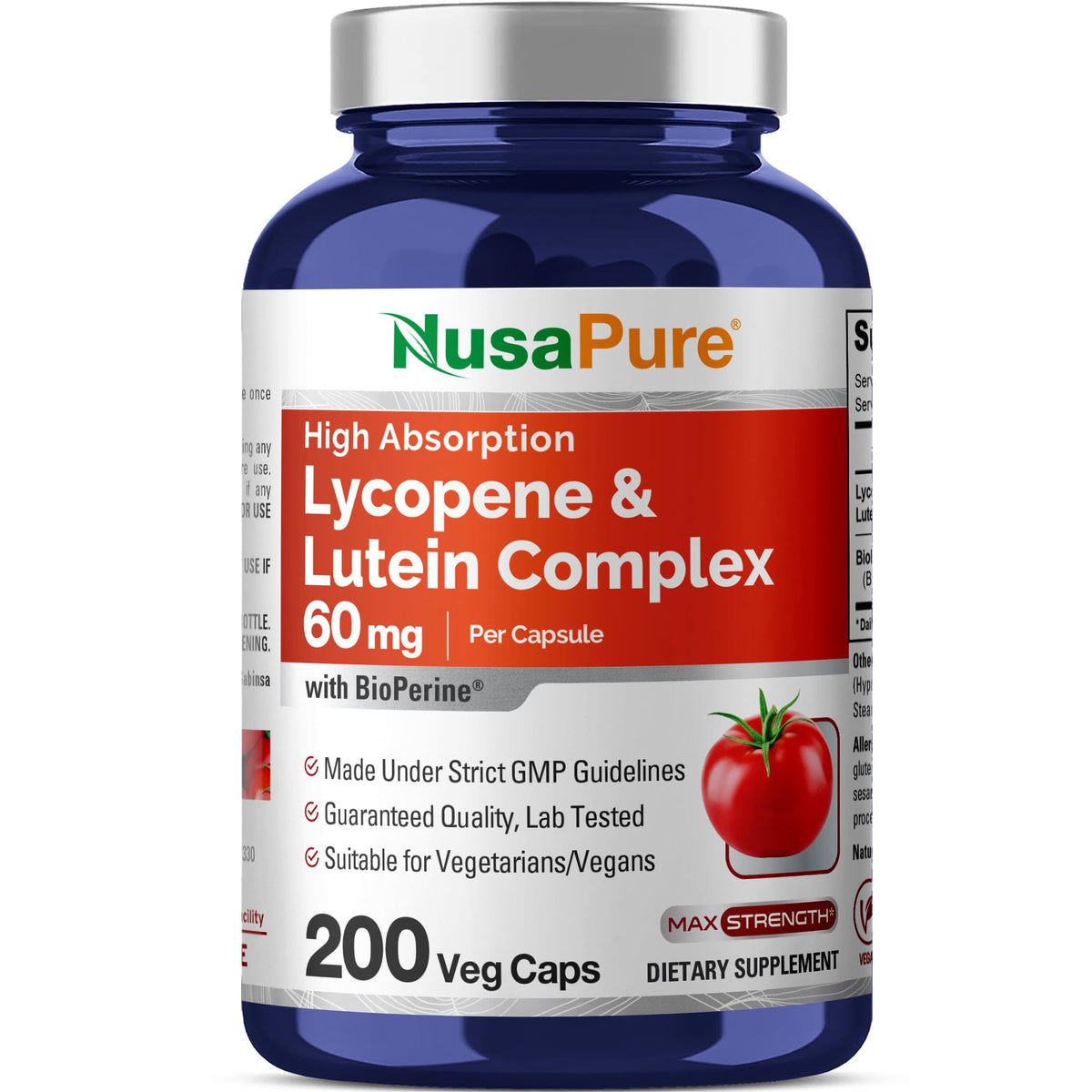 NusaPure Lycopène et Lutéine Complexe – Bouteille prête pour votre routine bien-être.