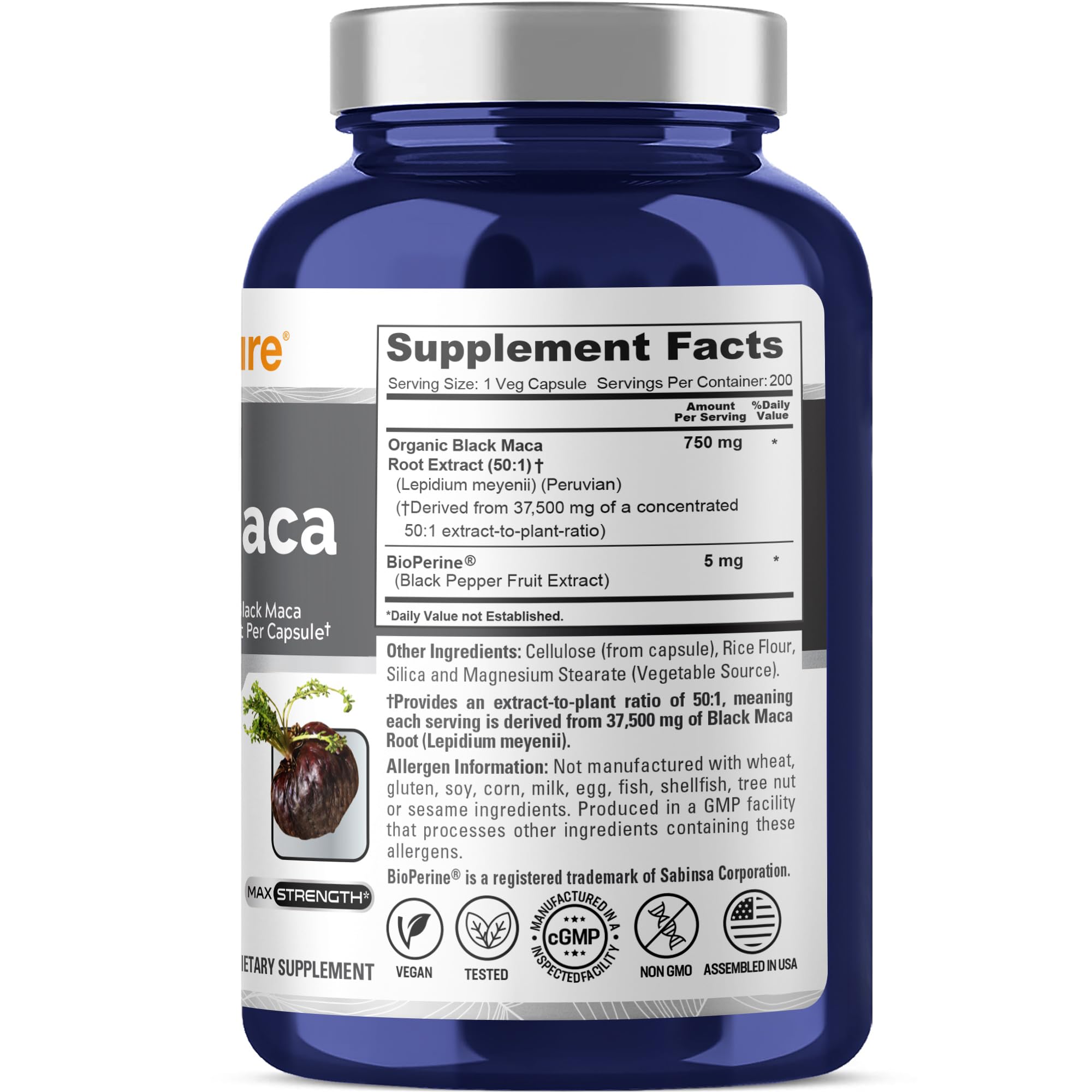 Étiquette NusaPure Maca Noire – mise en avant du dosage élevé et de la qualité.