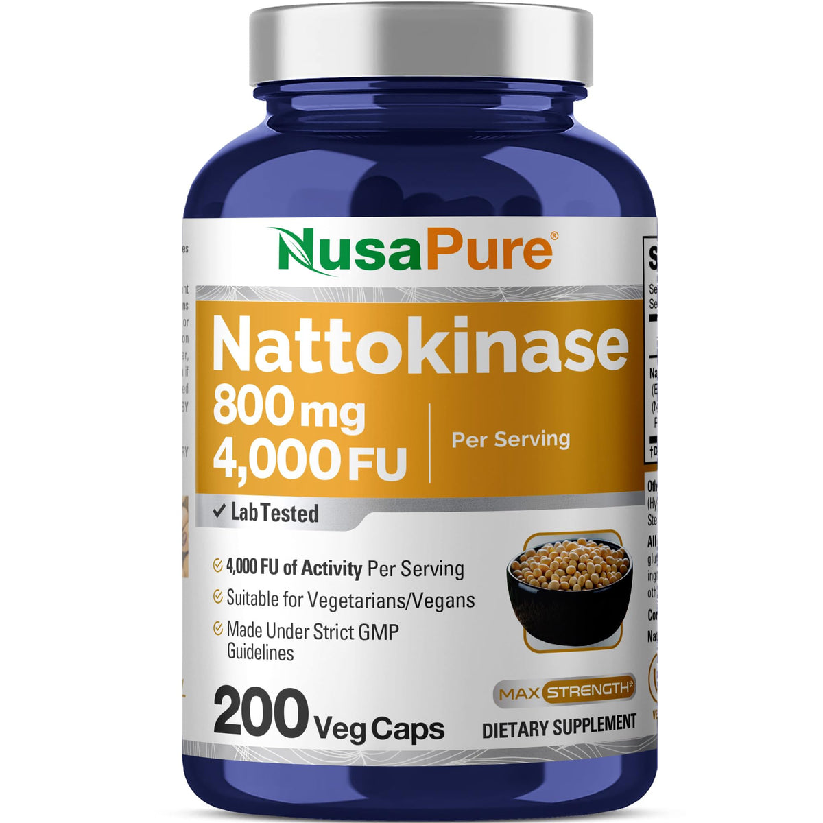 NusaPure Nattokinase en bouteille de 800 mg, pratique pour la supplémentation quotidienne.