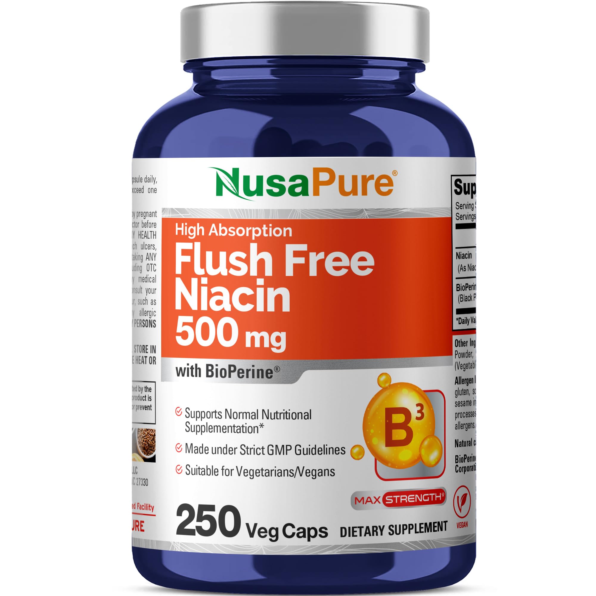 Bouteille NusaPure Niacine libre, 250 capsules, pratique à emporter.