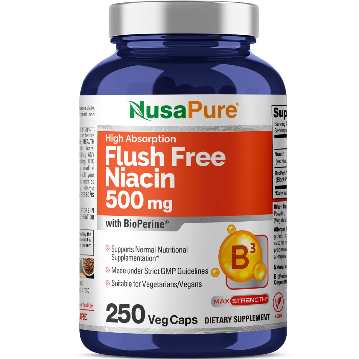 Bouteille NusaPure Niacine libre, 250 capsules, pratique à emporter.