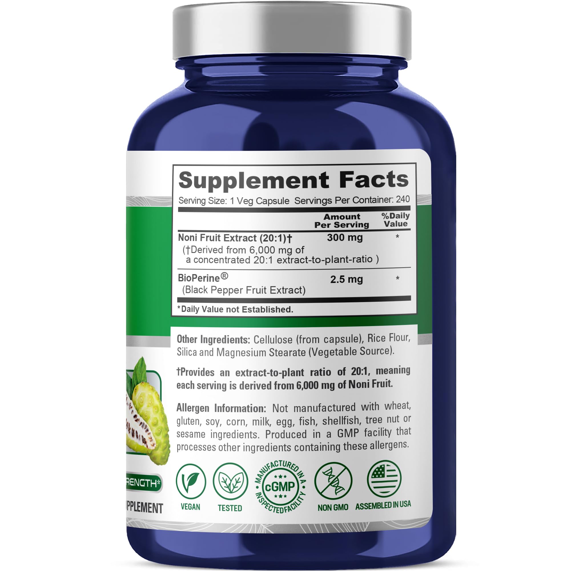 NusaPure Noni Fruit Extrait 20:1 – Étiquette claire avec concentration et usage