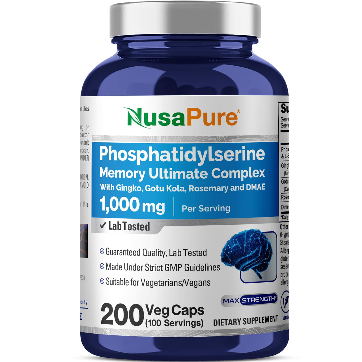 NusaPure Phosphatidylserine mémoire – flacon et capsules végétales favorisant la concentration