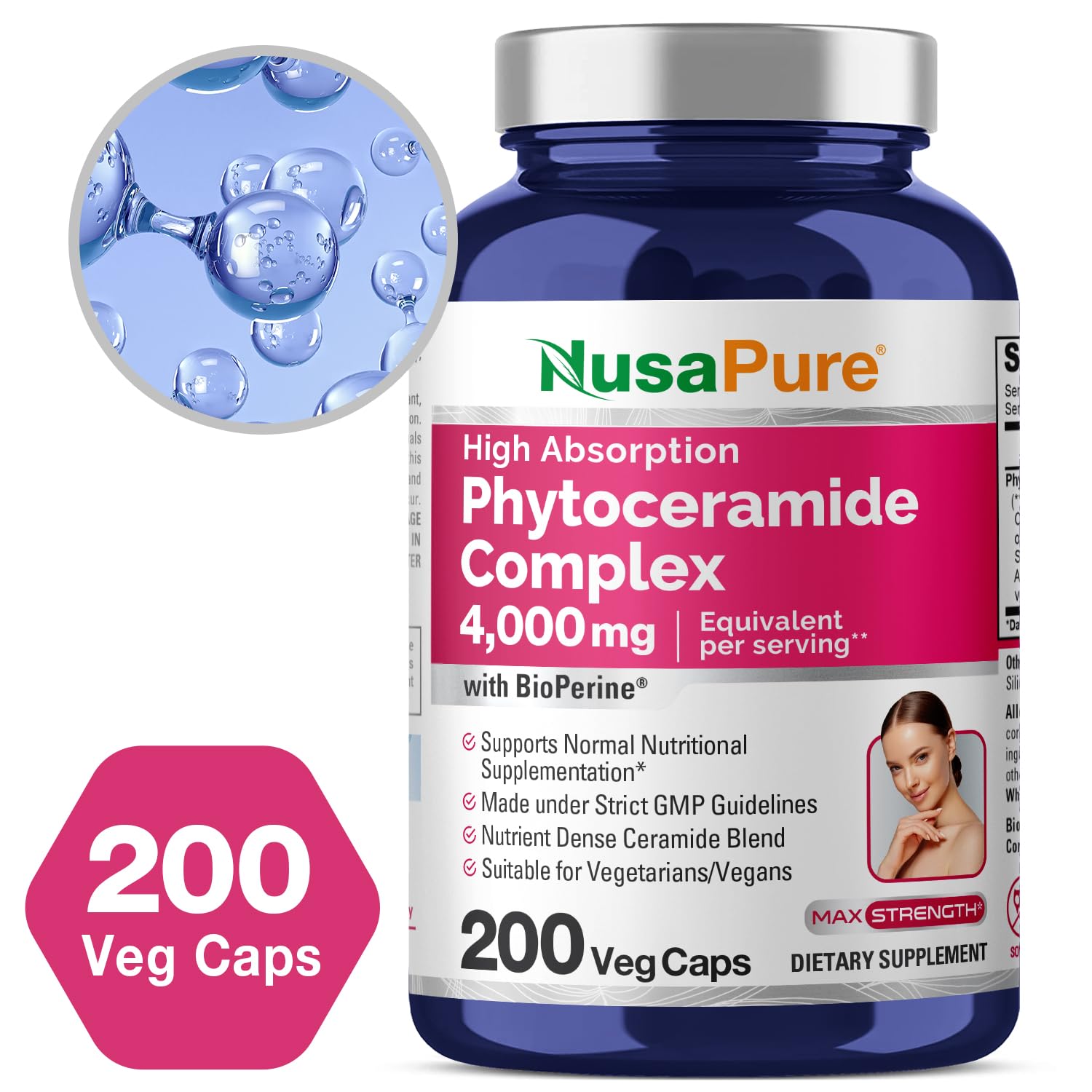 NusaPure Phytoceramide Complex avec Bioperine pour meilleure absorption potentielle.