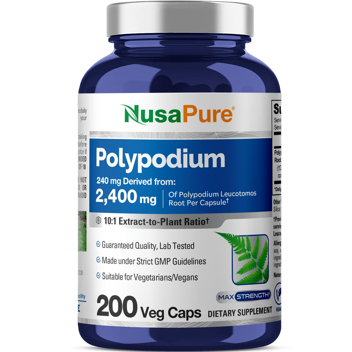 NusaPure Polypodium Leucotomos, bouteille pratique de 200 gélules pour usage quotidien.