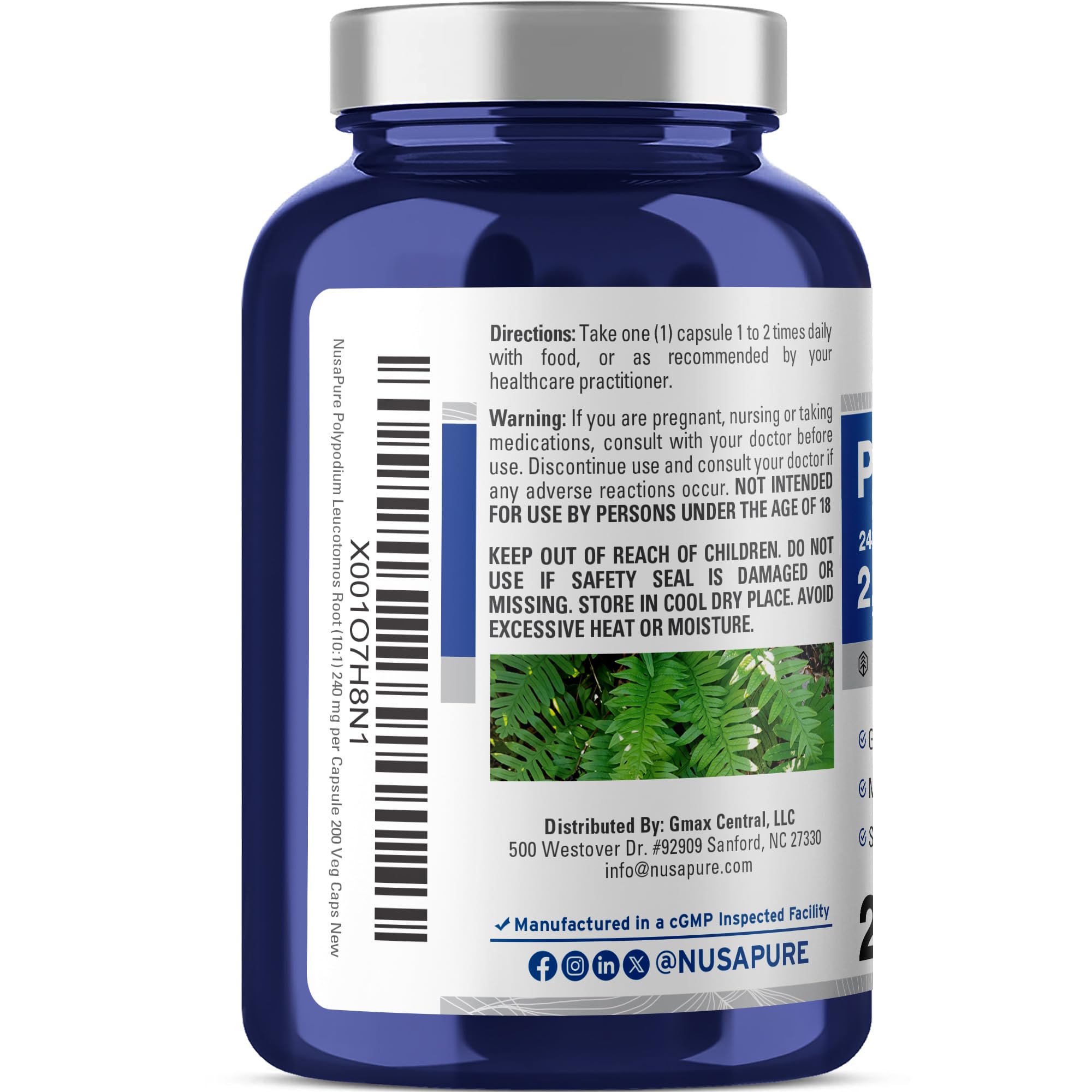 Étiquette épurée NusaPure Polypodium Leucotomos, assurance qualité et traçabilité CGMP.