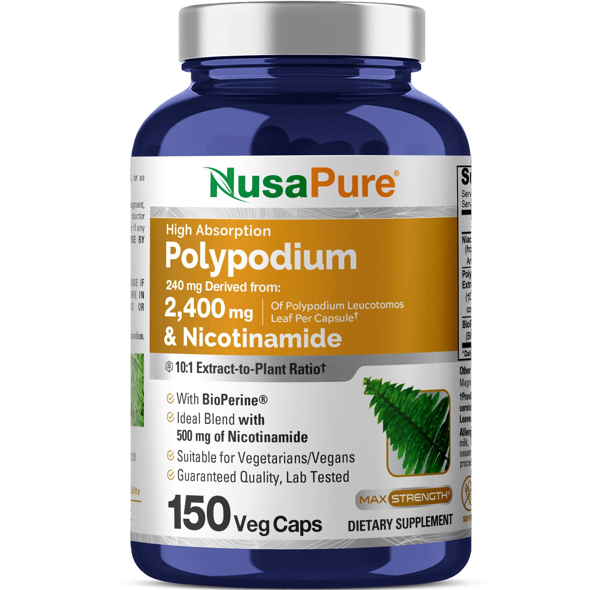 Bouteille NusaPure Polypodium Nicotinamide avec extrait 10:1, routine pratique.