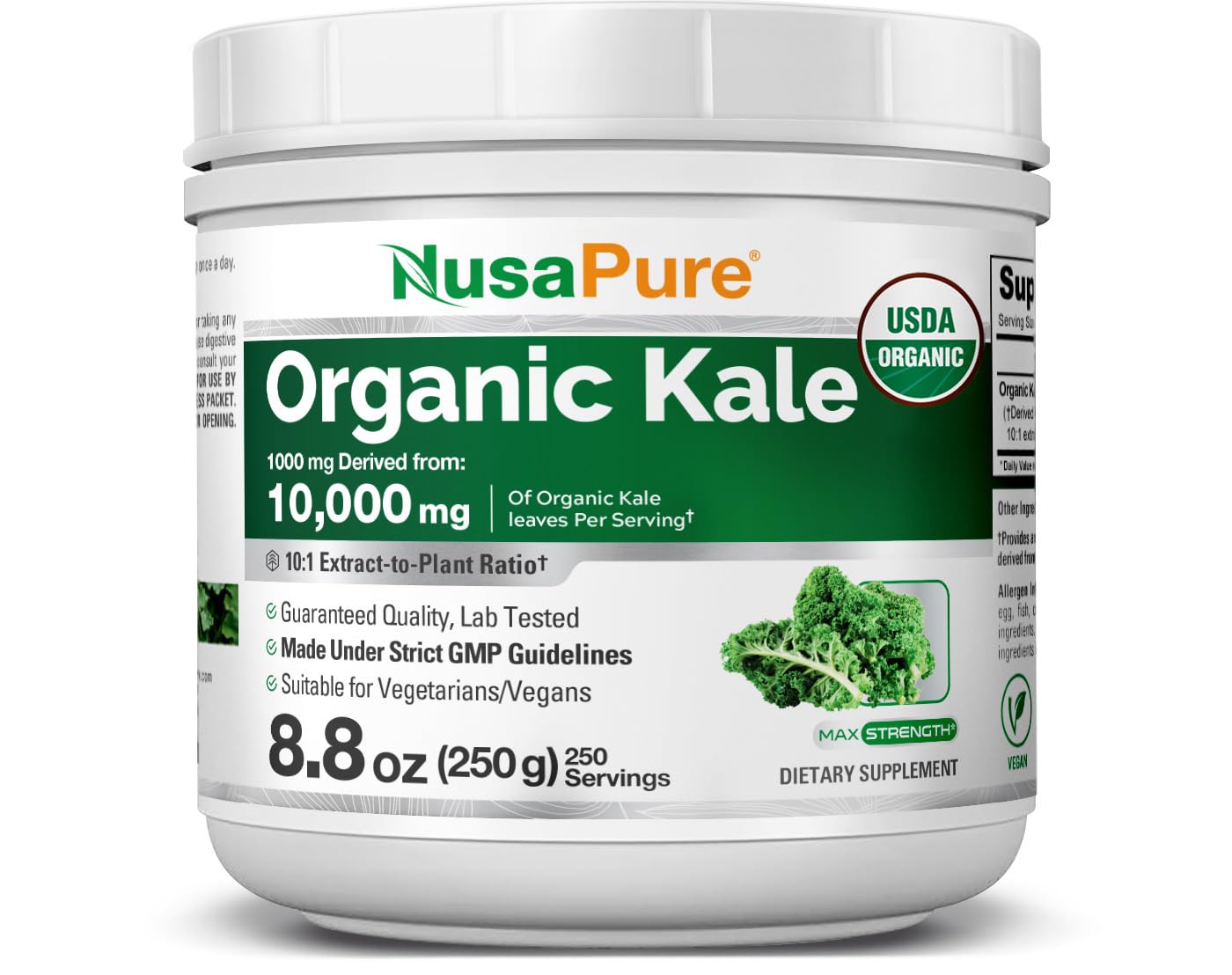 NusaPure Poudre kale extrait 10:1 en bouteille, complément végétal pratique.