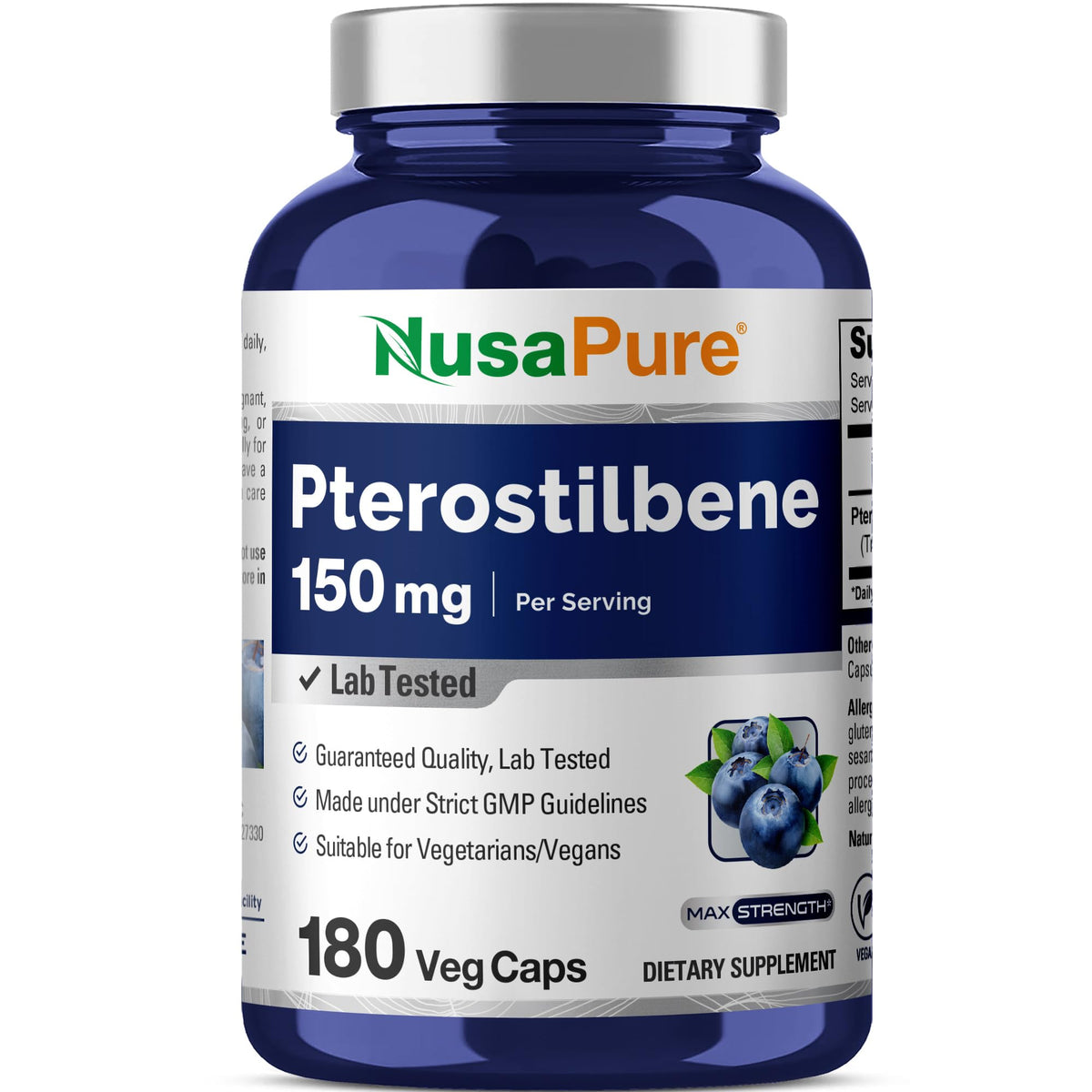 NusaPure Pterostilbene 150 mg en bouteille, gélules végétales faciles à intégrer à votre routine.
