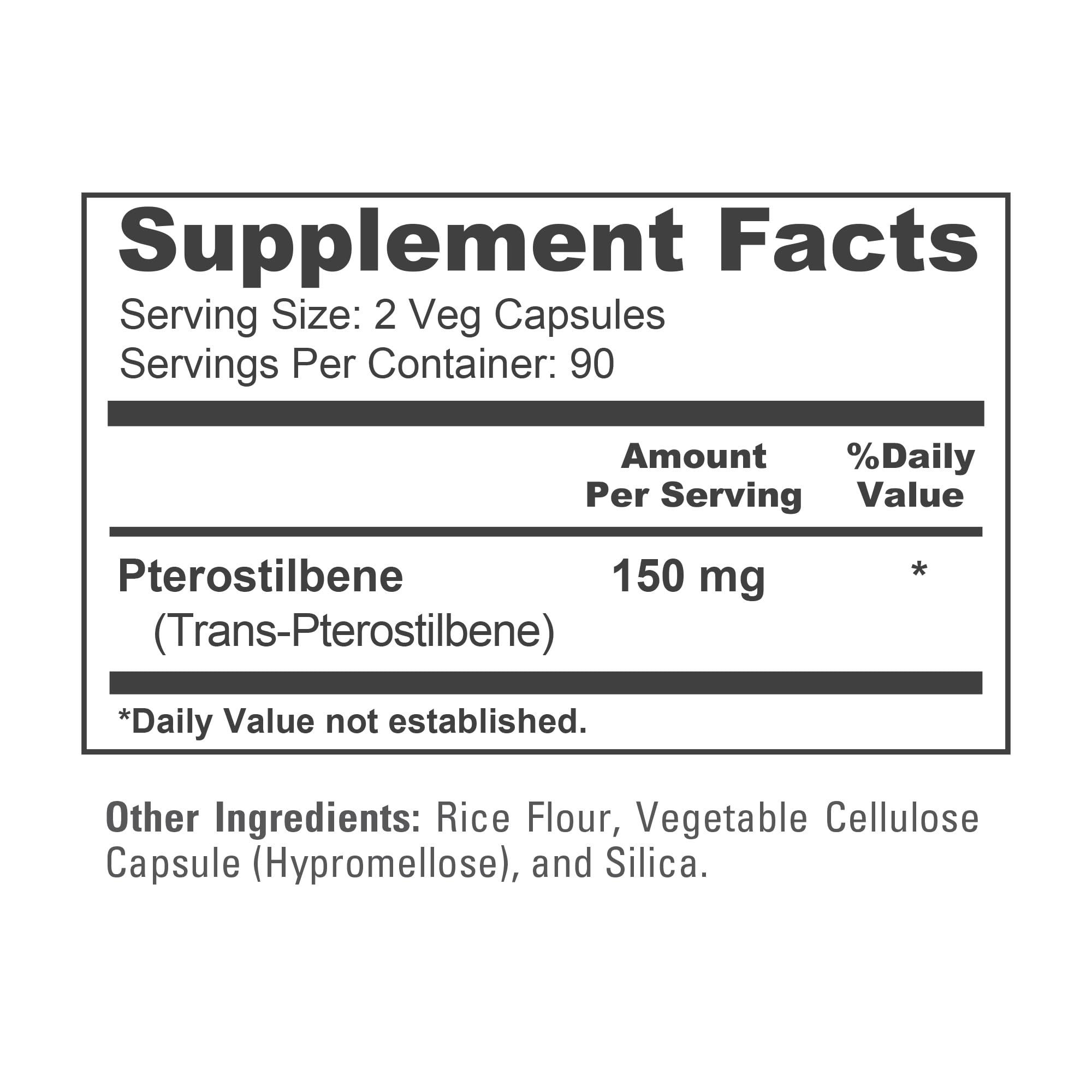 Étiquette NusaPure Pterostilbene 150 mg mettant en avant les ingrédients de qualité.