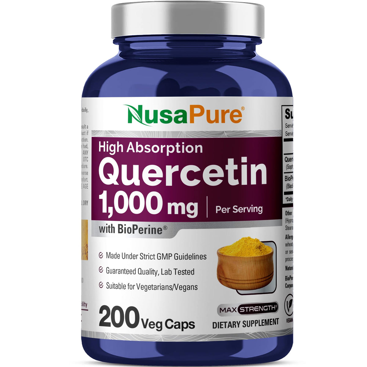 NusaPure Quercétine - bouteille et capsules faciles à avaler pour le quotidien.