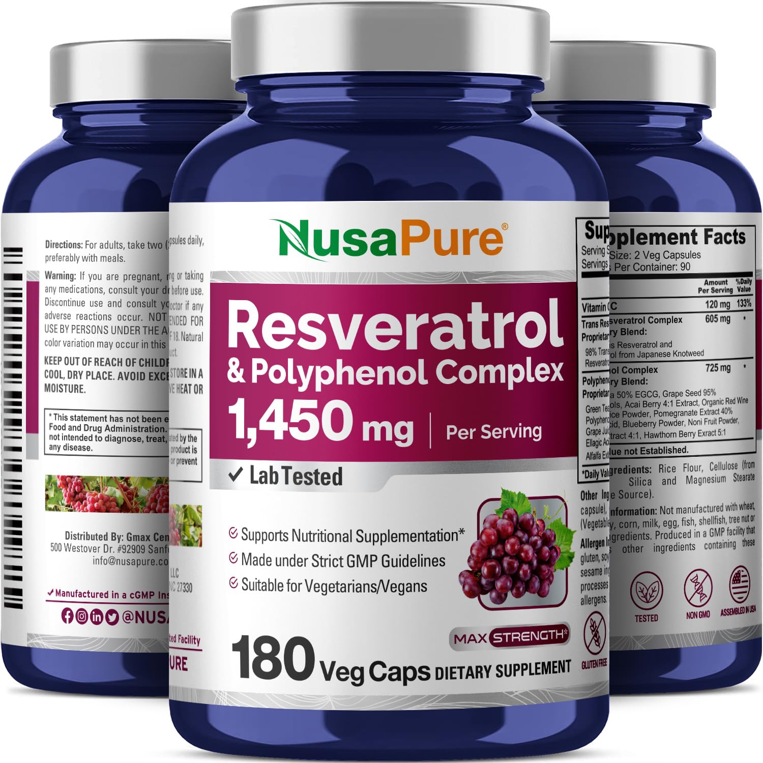 NusaPure Résveratrol et Polyphénols — tableau de composition des polyphénols et vitamine C.