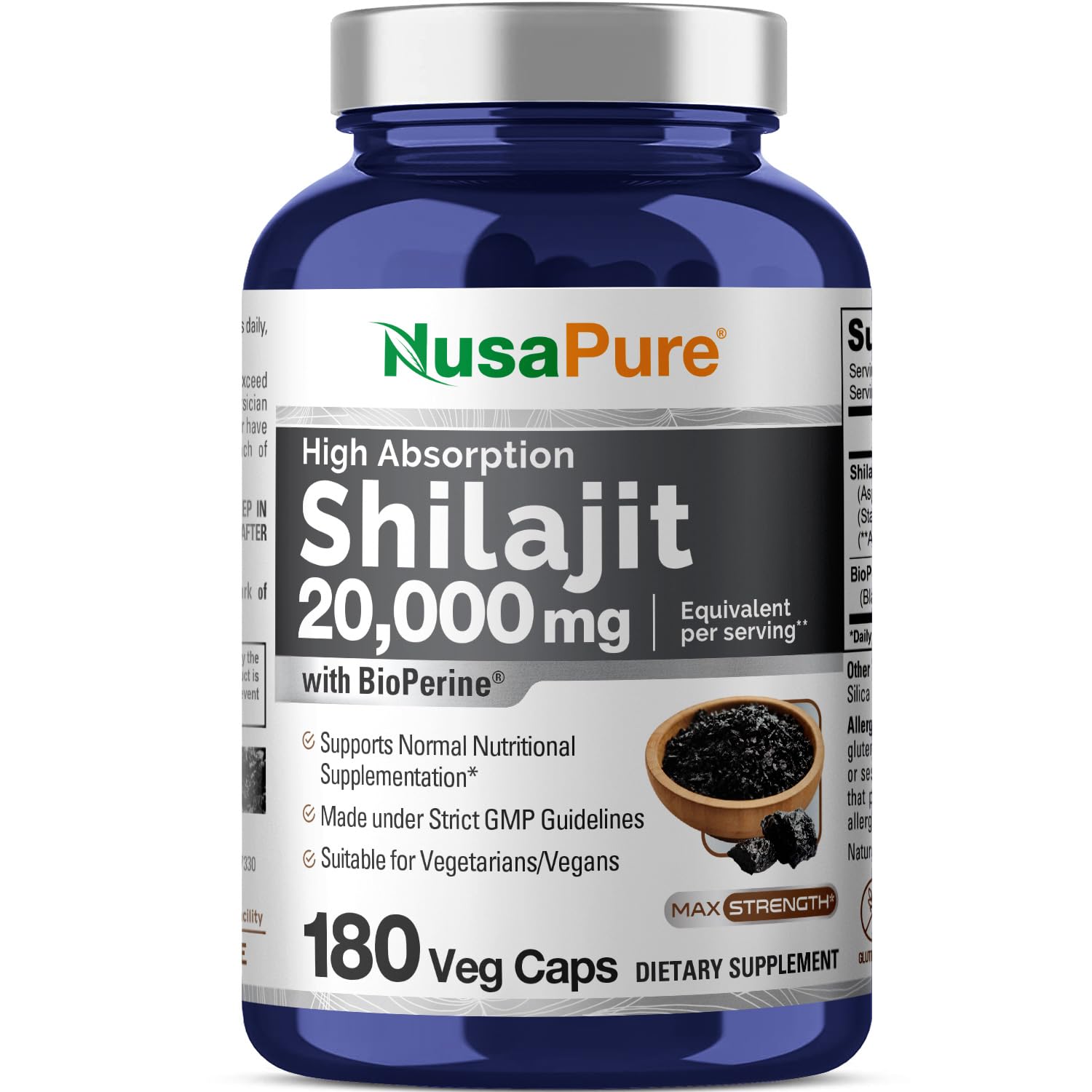 NusaPure Shilajit, bouteille de gélules, pratique pour une routine quotidienne.
