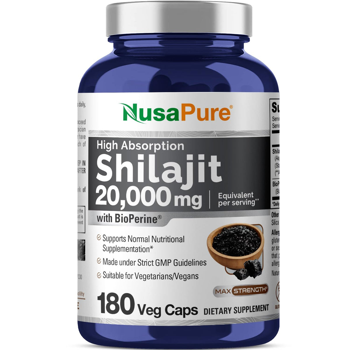 NusaPure Shilajit, bouteille de gélules, pratique pour une routine quotidienne.