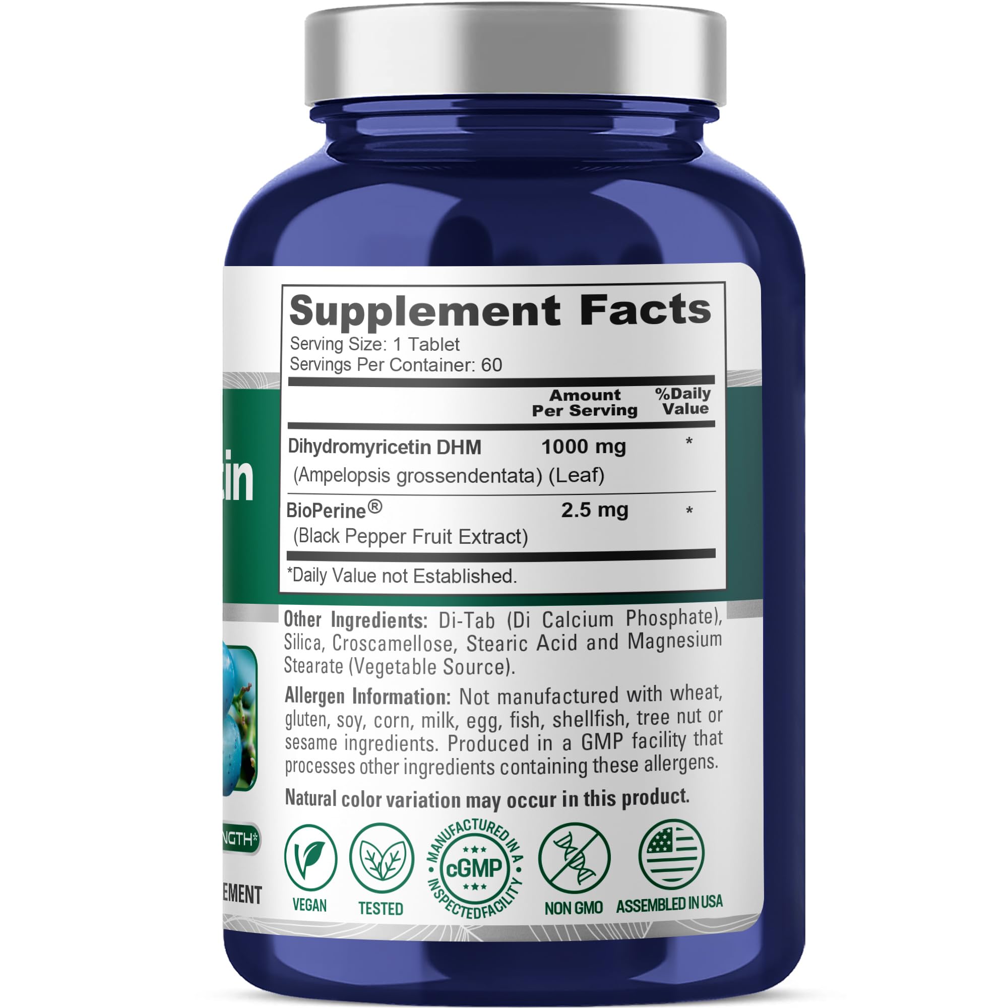 Tablettes DHM 1000 mg NusaPure en bouteille, dosage clair.