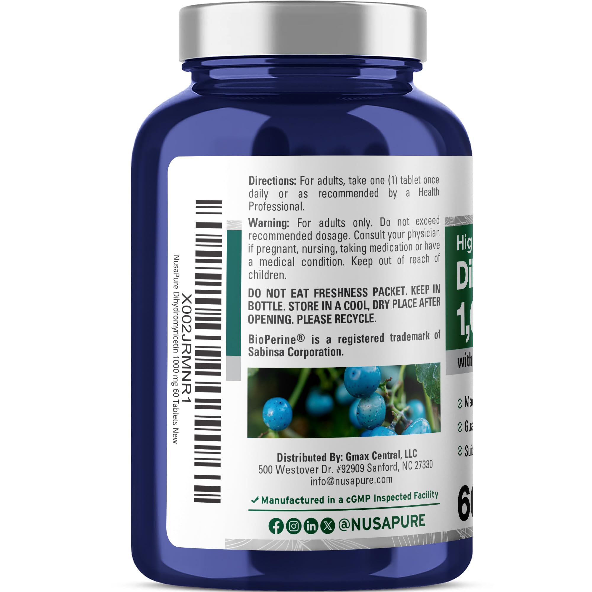 Tablettes DHM sans OGM NusaPure, option vegan.