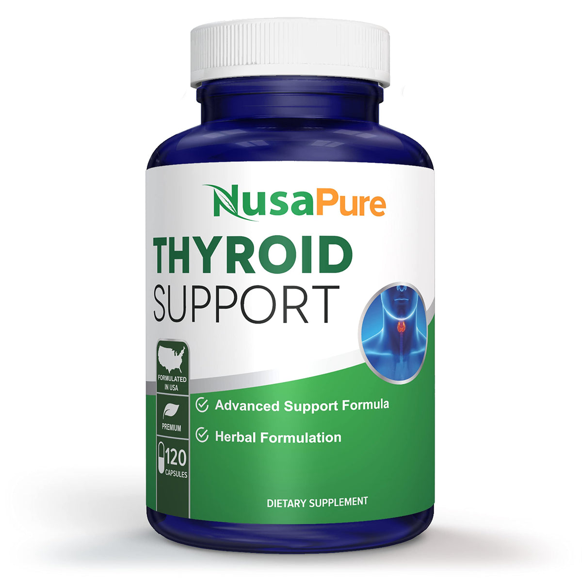 NusaPure Thyroid Support – Bouteille verse les capsules, prise facile dans la routine.