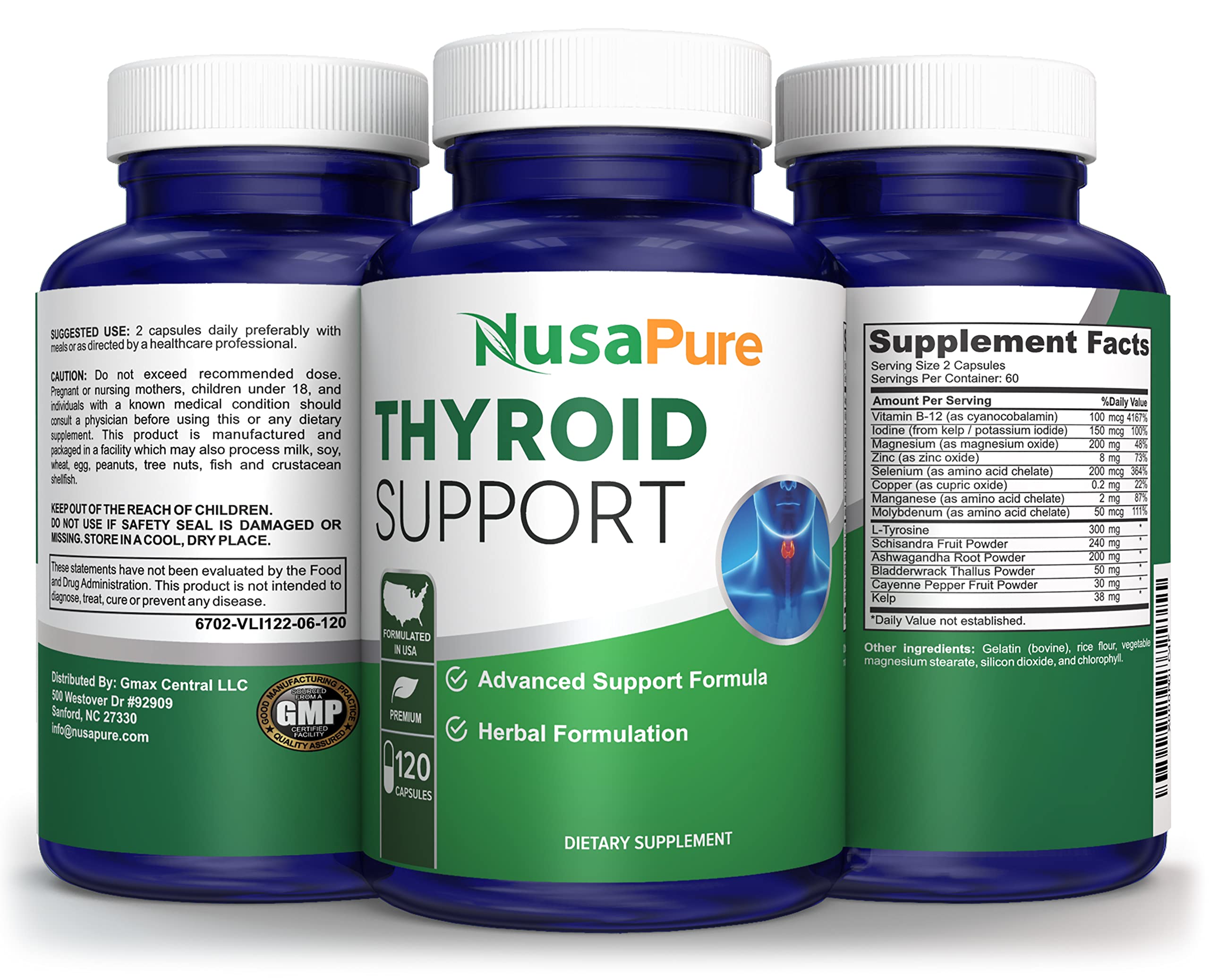 NusaPure Thyroid Support – Étiquette produit avec ingrédients naturels clairement listés.