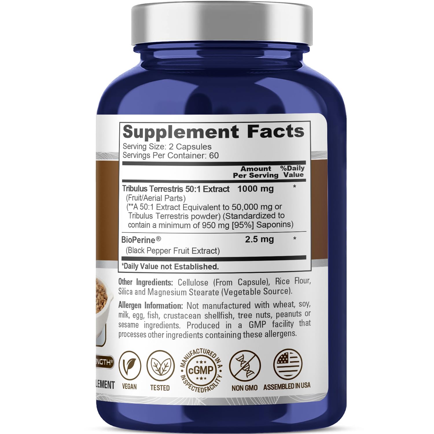 NusaPure Tribulus Terrestris 1000 mg, équivalents à 50 000 mg, capsules faciles à prendre.
