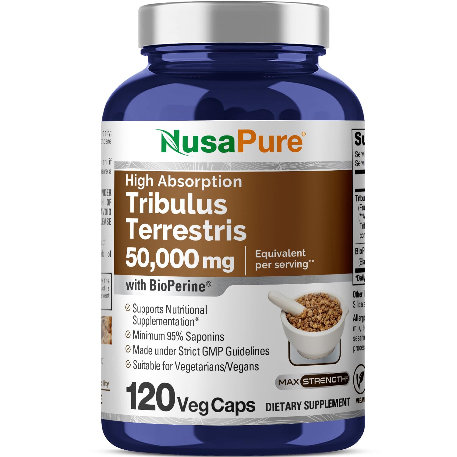 NusaPure Tribulus Terrestris 50:1, bouteille prête pour 60 portions quotidiennes.