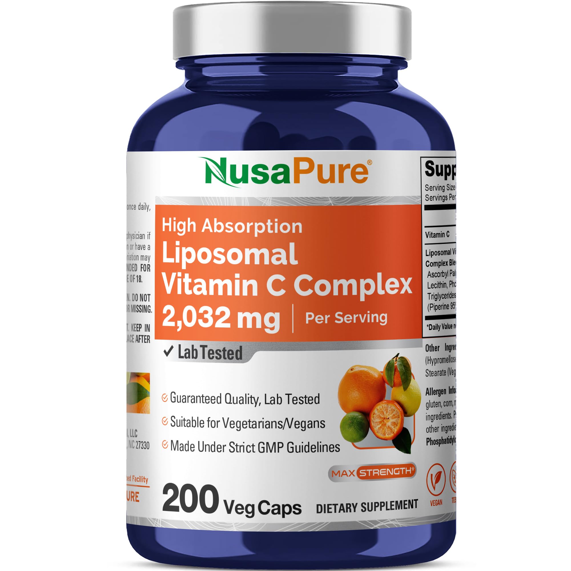 NusaPure Vitamine C liposomale en bouteille, gélules véganes faciles à avaler.