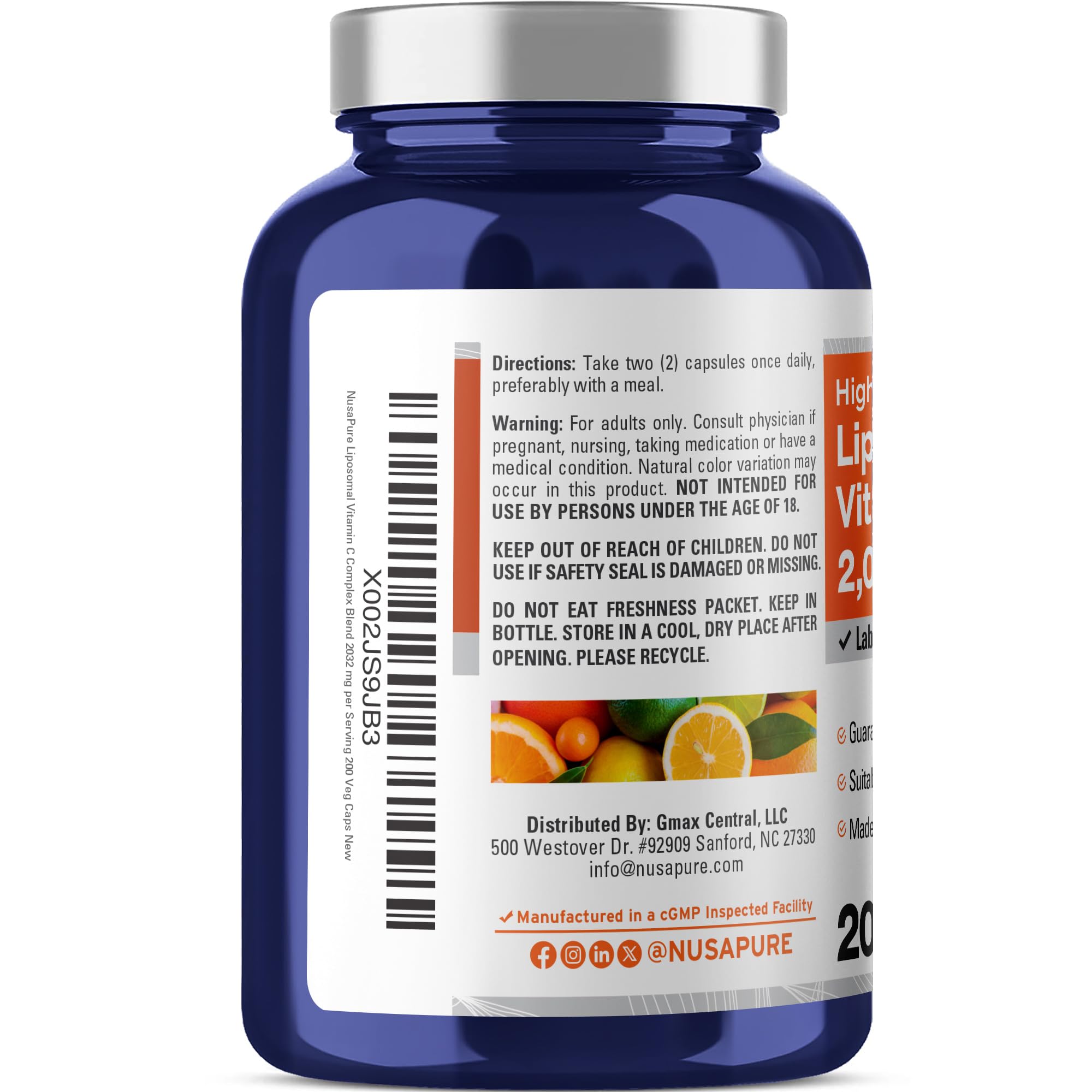 NusaPure Vitamine C liposomale, étiquette claire montrant la qualité du produit.