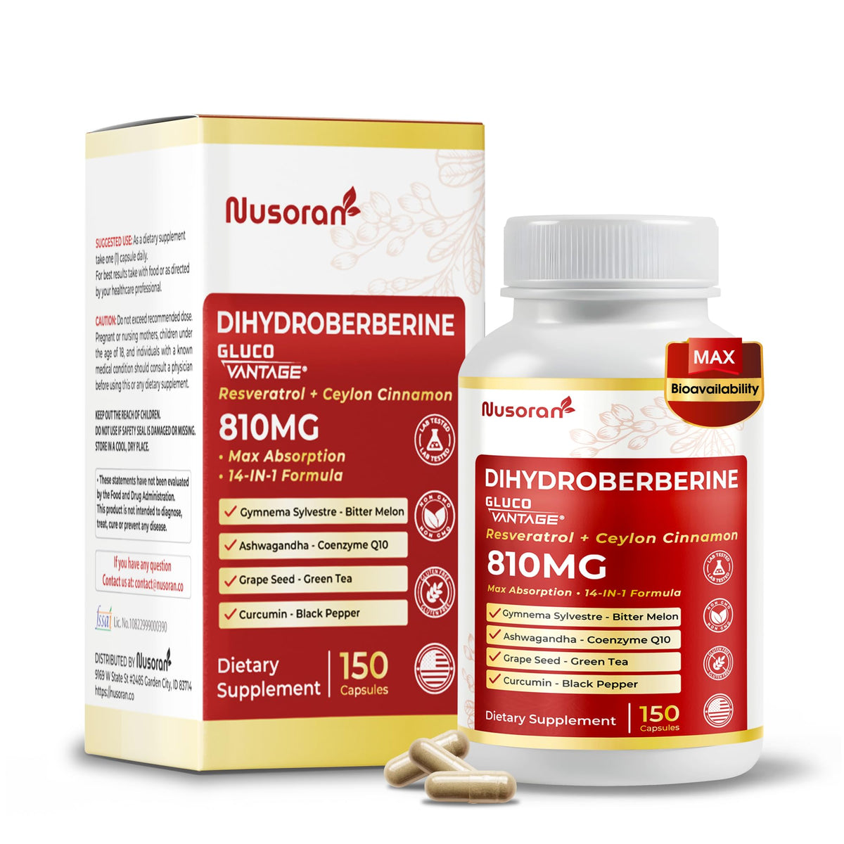 NUSORAN Dihydroberberine – flacon visible, soutien quotidien après les repas.