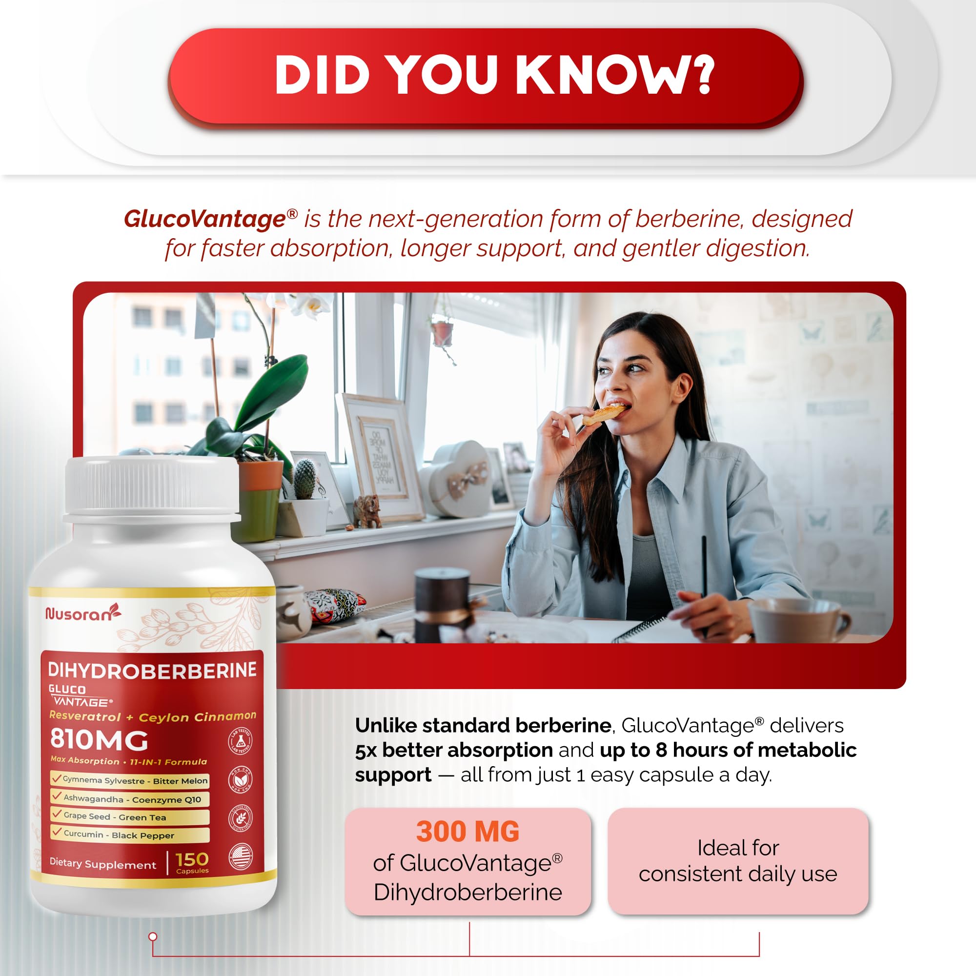 NUSORAN Dihydroberberine – capsules en gros plan pour une absorption efficace.