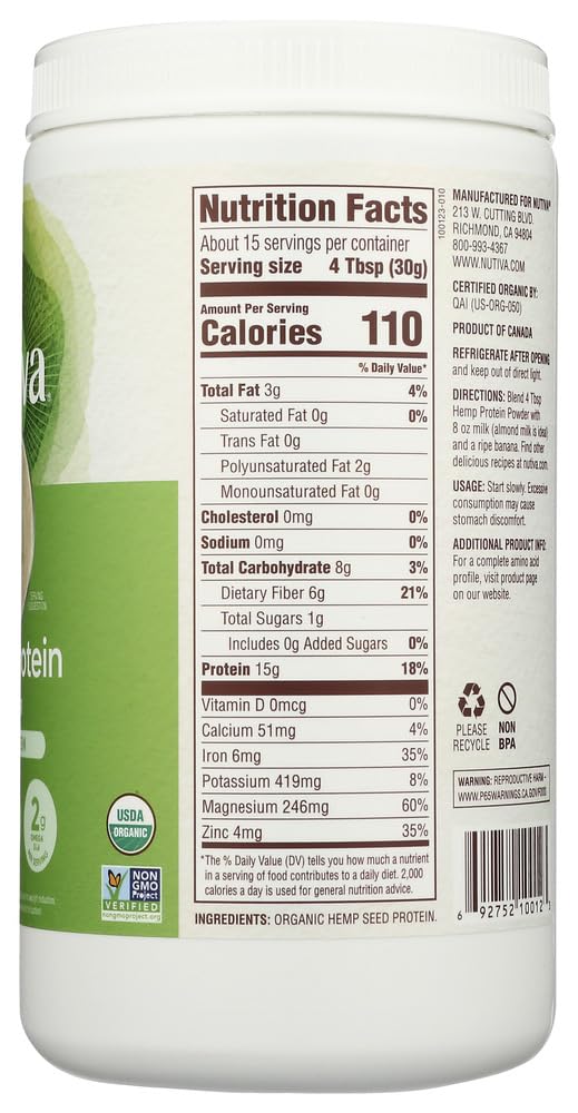 Graines de chanvre biologique Nutiva utilisées pour produire une poudre riche en protéines.