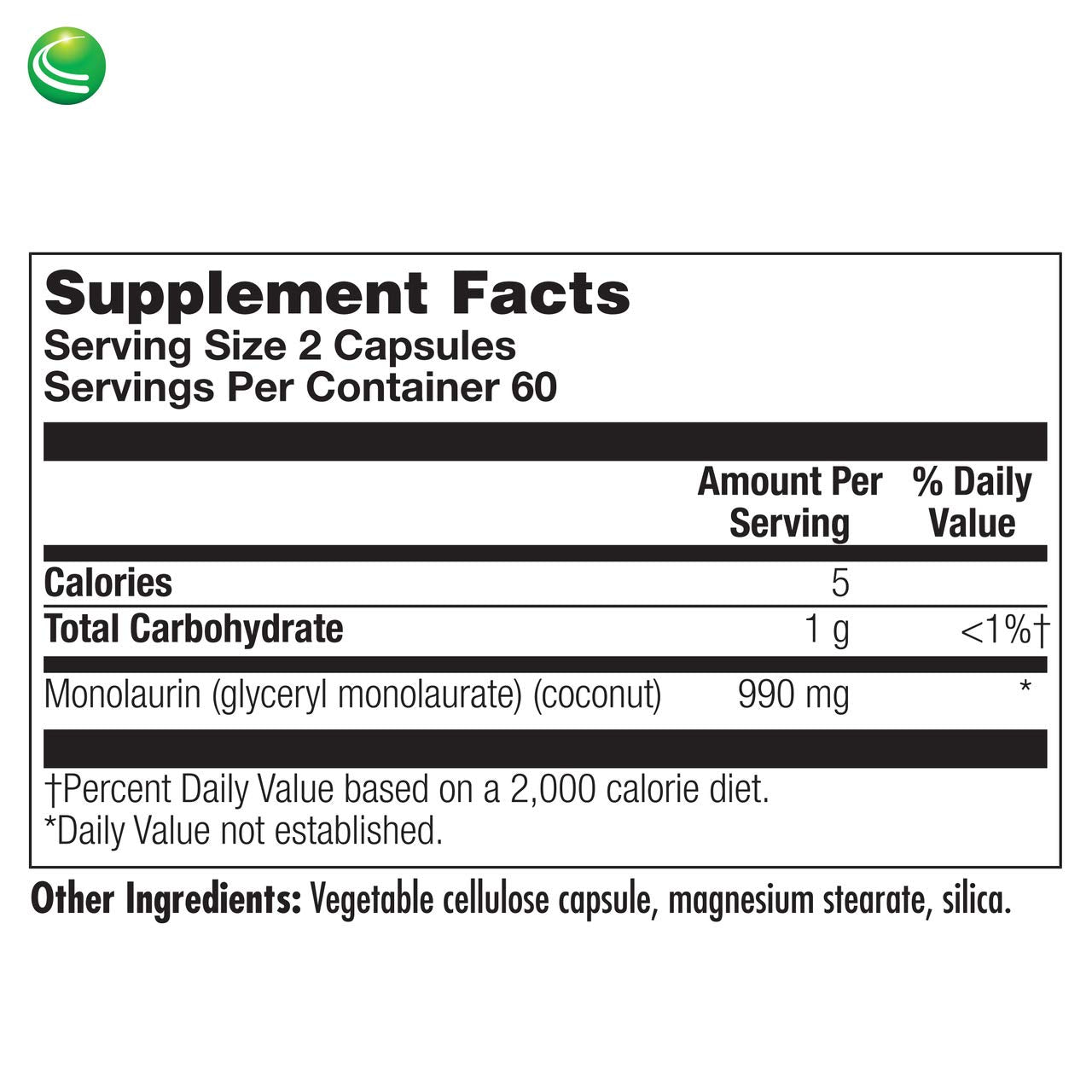 Nutra BioGenesis Monolaurine tableau nutrition, utile pour suivre l’apport quotidien.