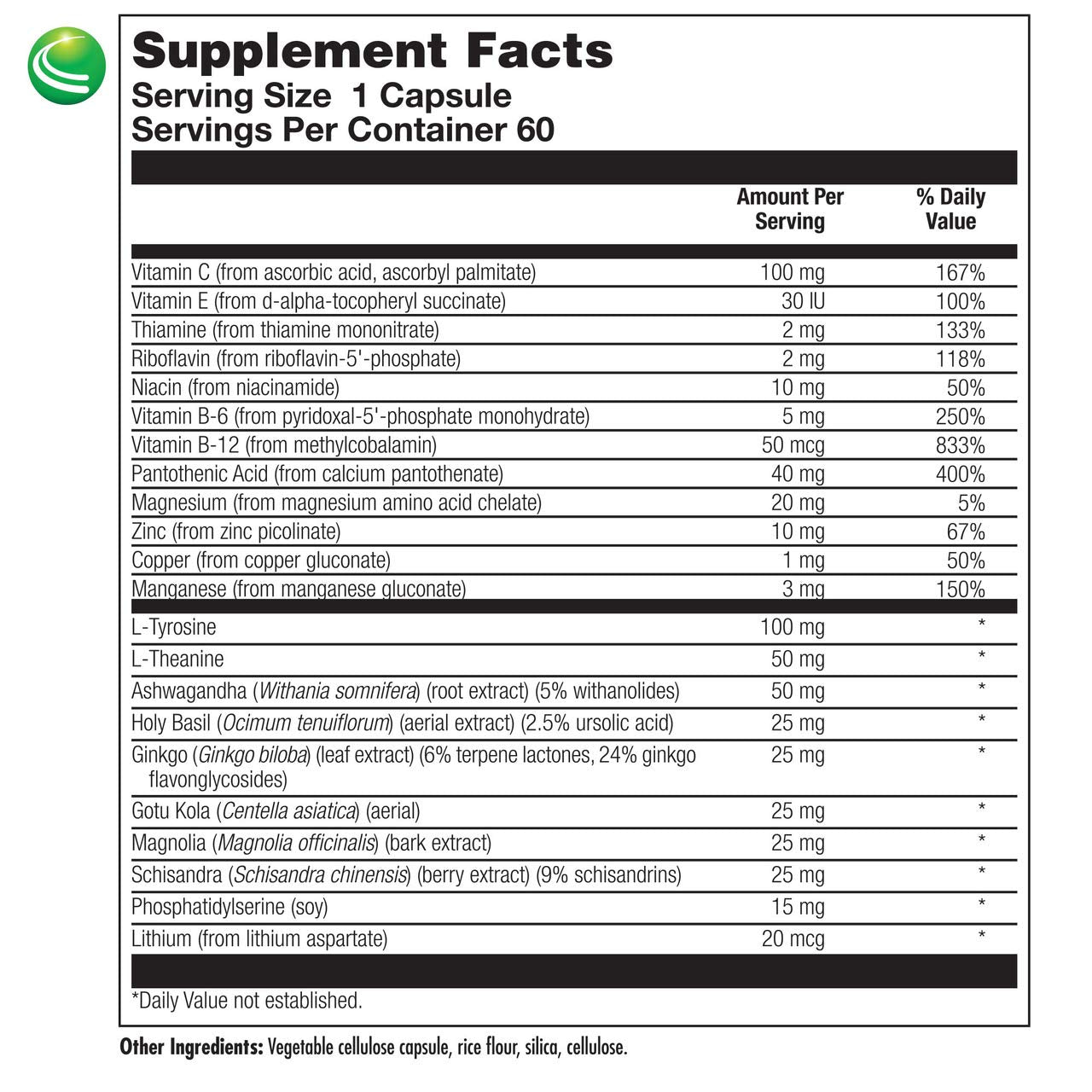 Nutra BioGenesis AdrenoActive, tableau d'ingrédients facile à comprendre.