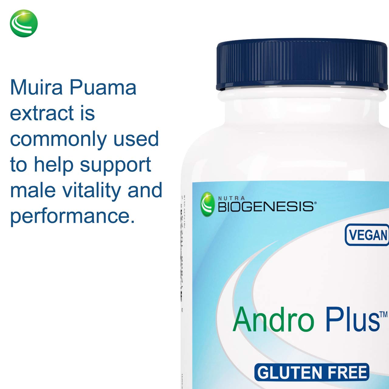 Nutra BioGenesis Andro Plus — emballage vegan clair, choix éthique et pratique.