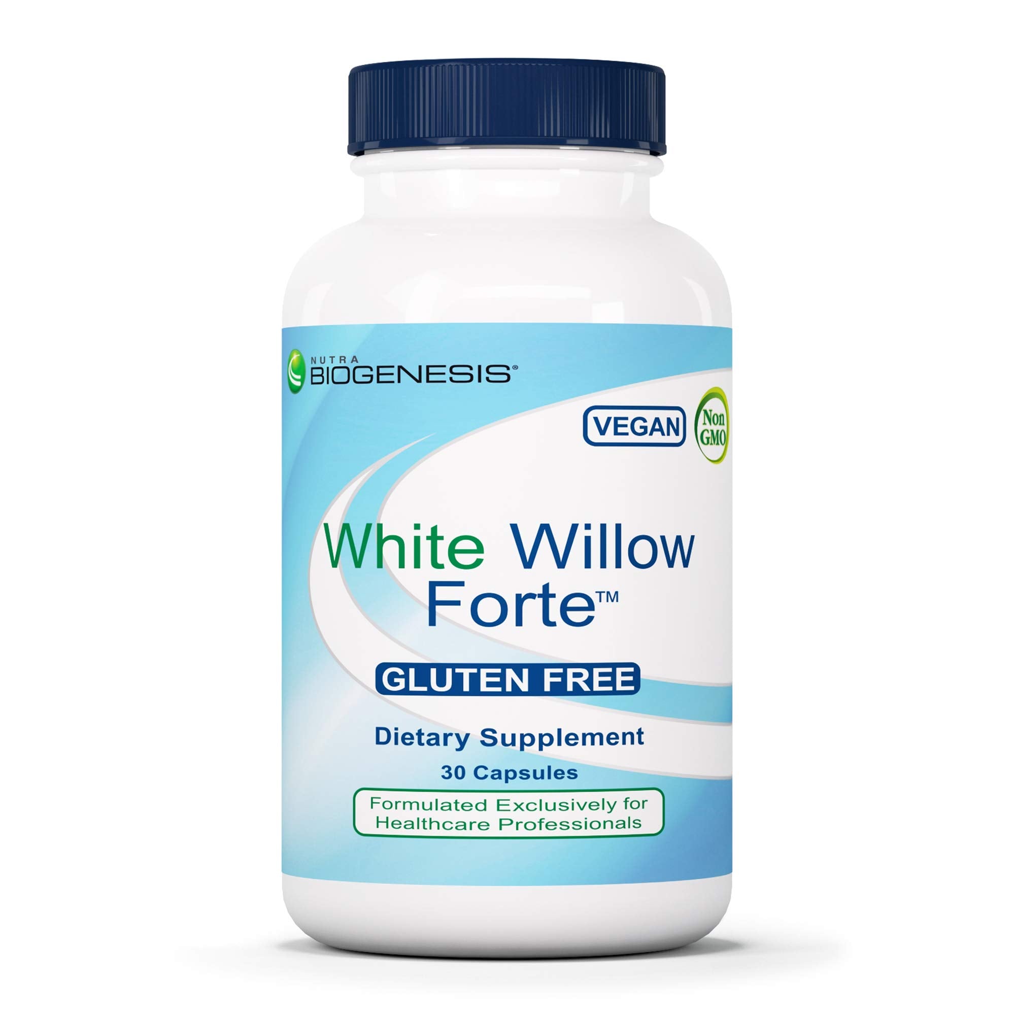 Nutra BioGenesis White Willow Forte – bouteille visible, soutien digestif potentiel et pratique vegan