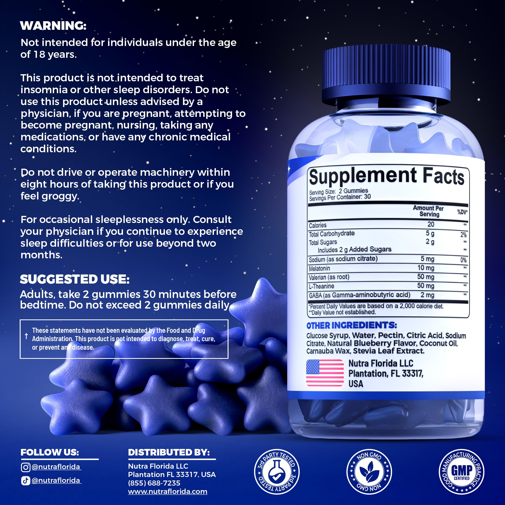 Nutra Florida Melatonin Gummies – étiquette lisible avec ingrédients végétaux et sans OGM