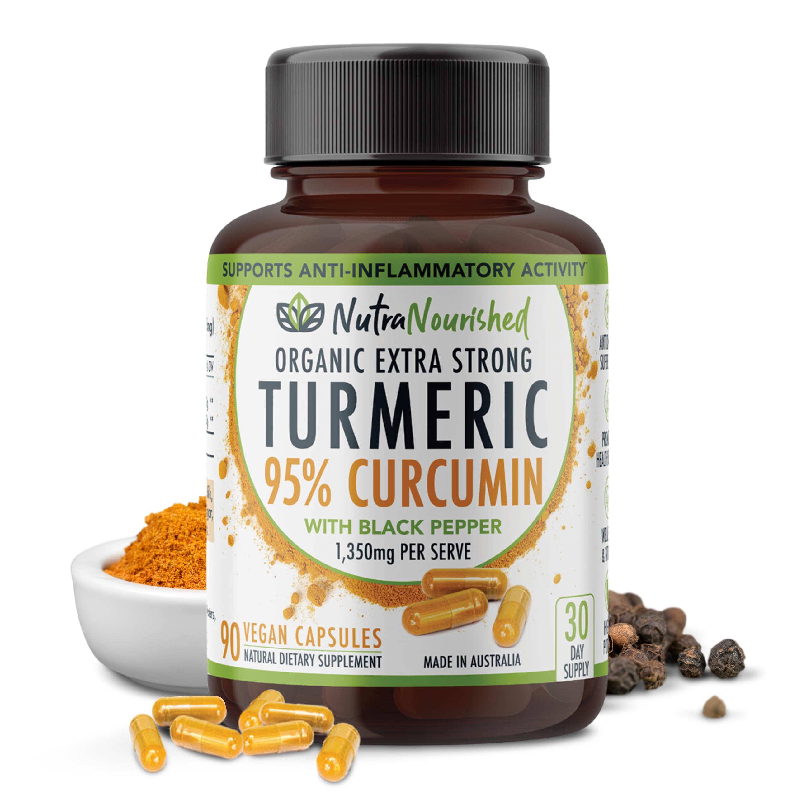 Nutra Nourished Curcuma: bouteille de capsules pratique pour votre routine bien-être.