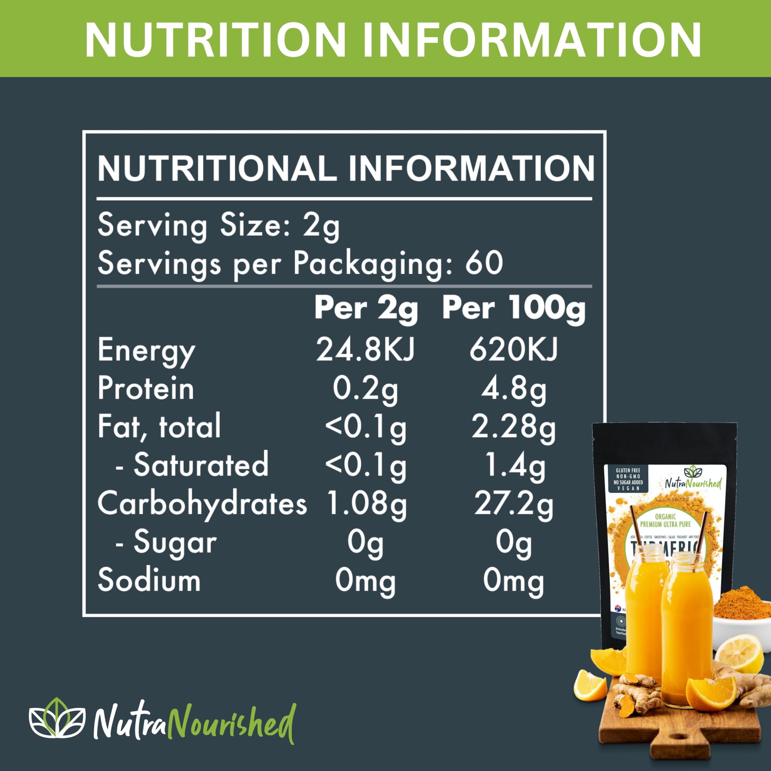 Nutra Nourished Curcuma - cuillere-mesure montrant la poudre.