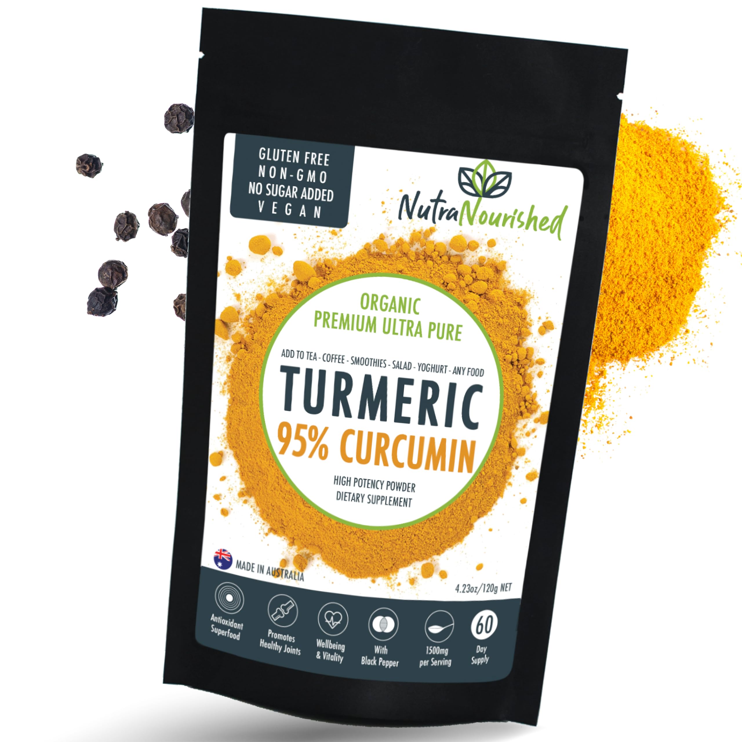 Nutra Nourished Curcuma - poudre extrait 1500mg, facile à mesurer.